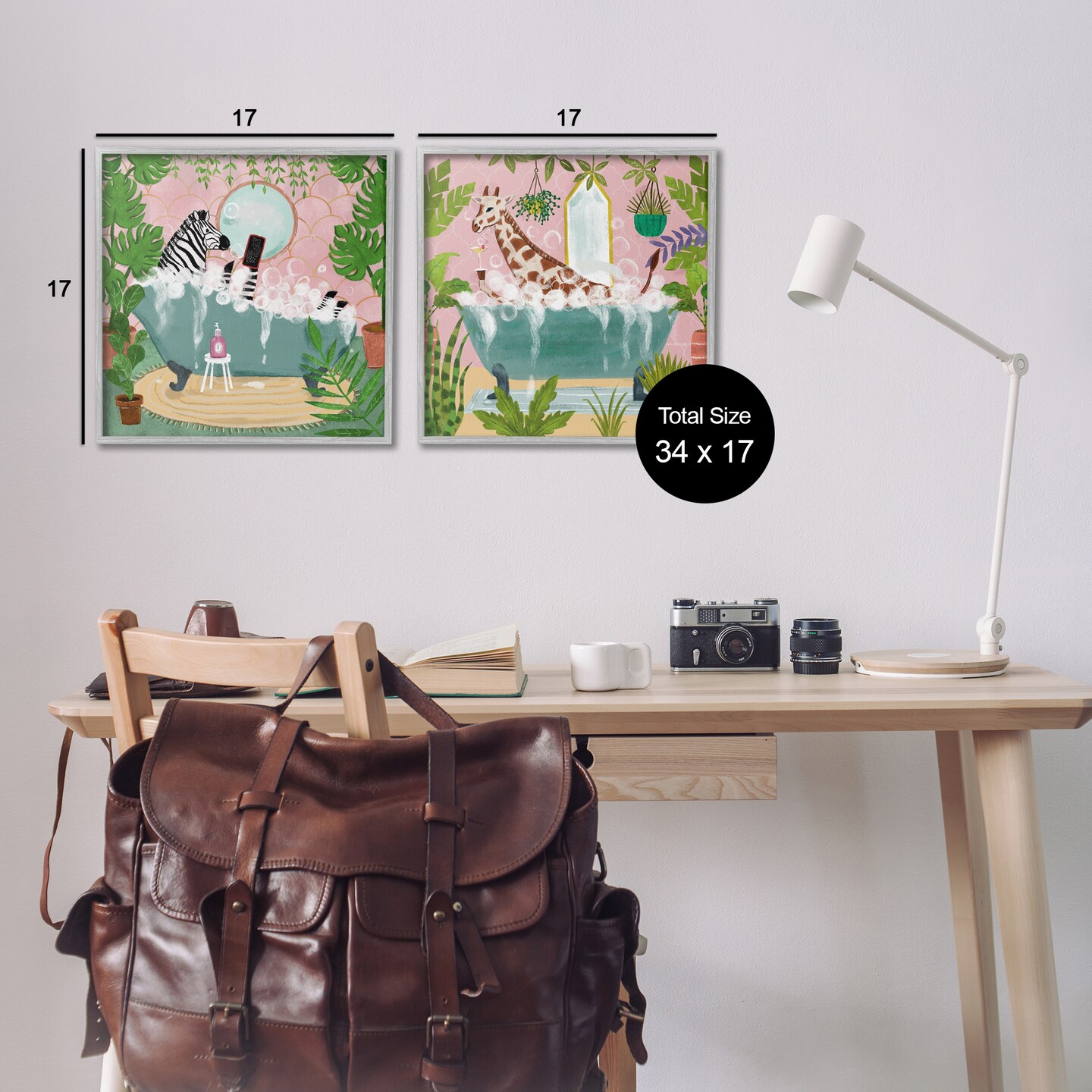 Stupell Industries Giraffe Zebra Safari Animal Tub 2 pc Framed Giclee Wall Art Set Design by Farida Zaman