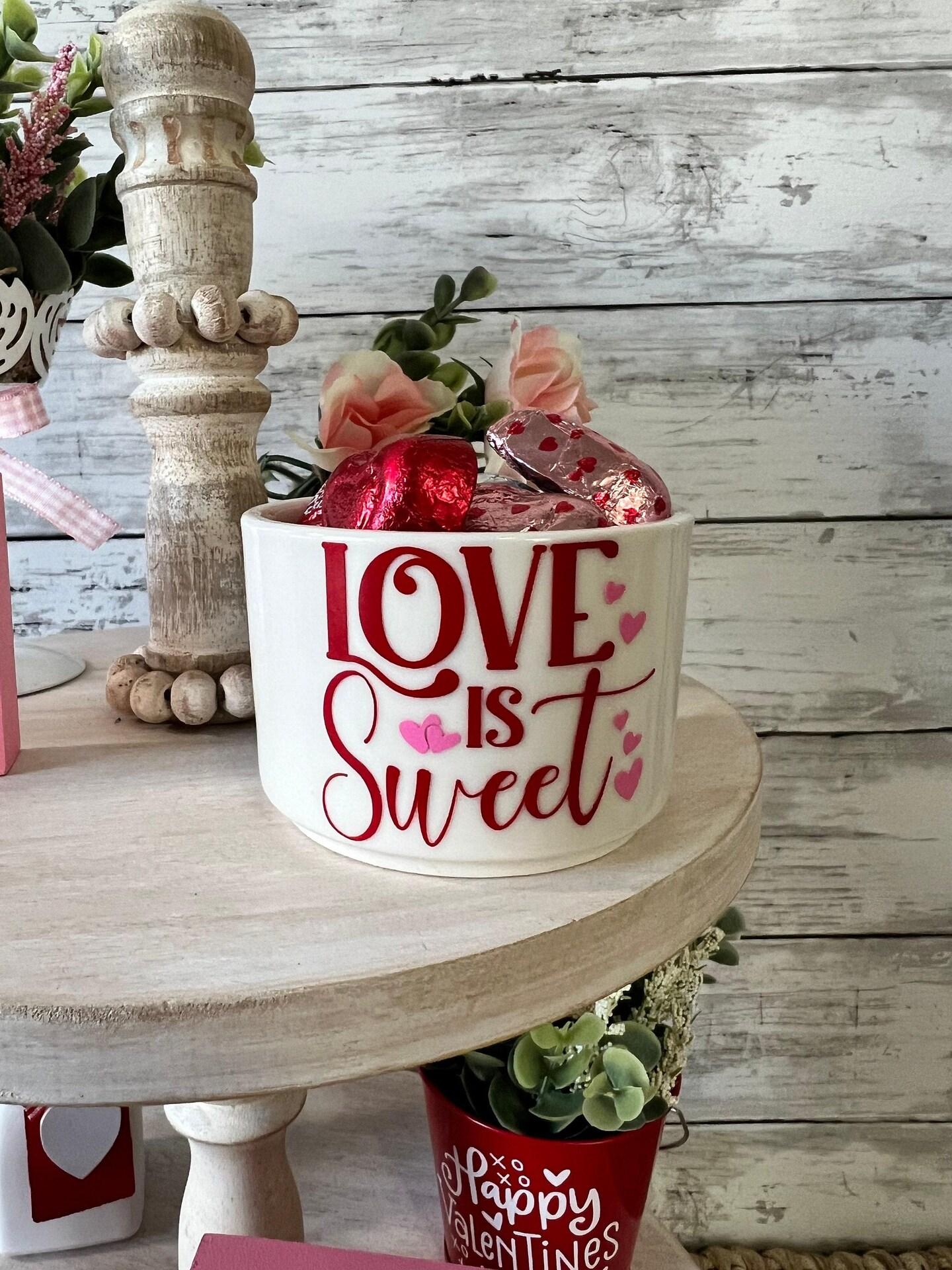 Valentines Day tiered tray decor, valentine candy decor, love is