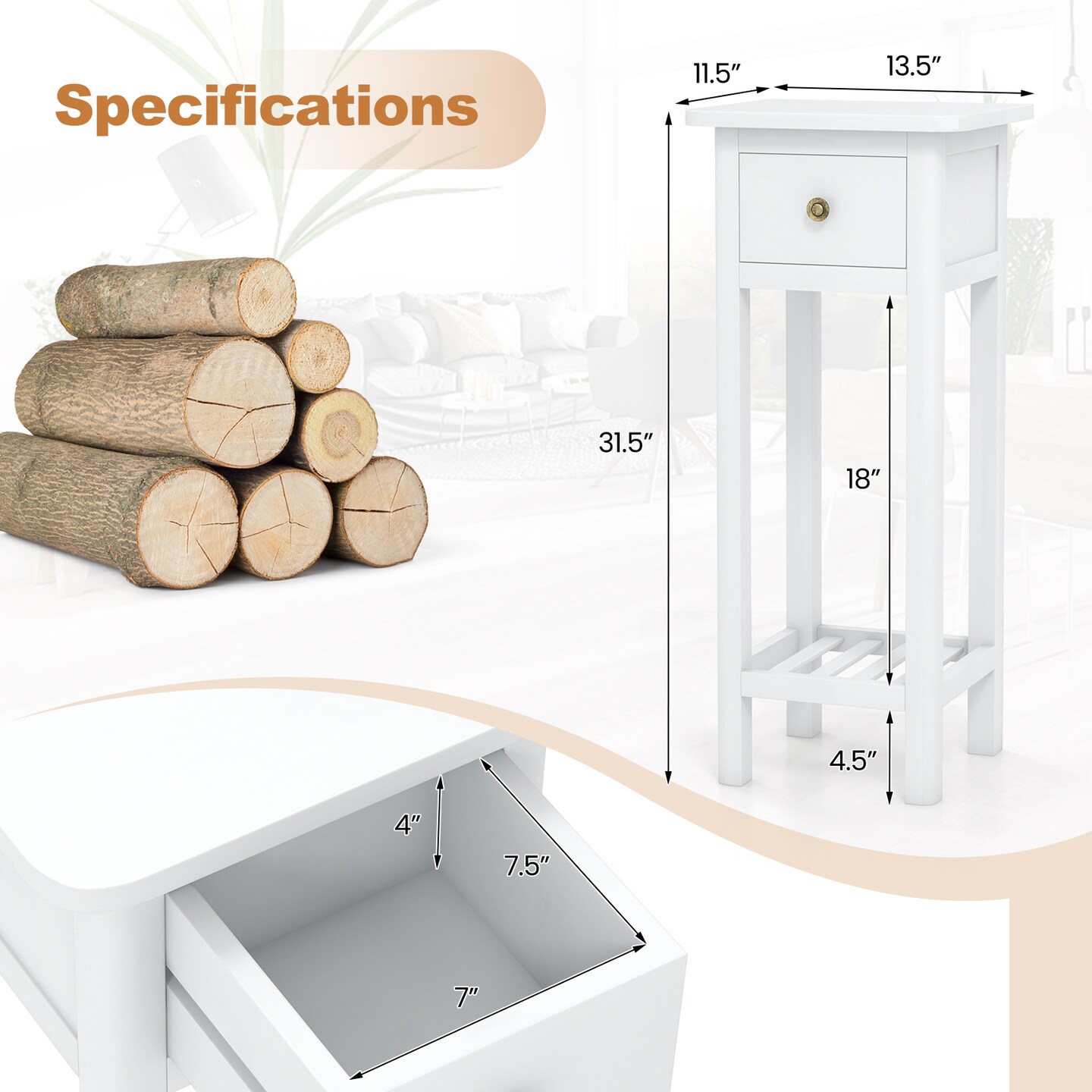 Costway 2 Tier End Bedside Sofa Side Table with Drawer Shelf Acacia Wood Nightstand