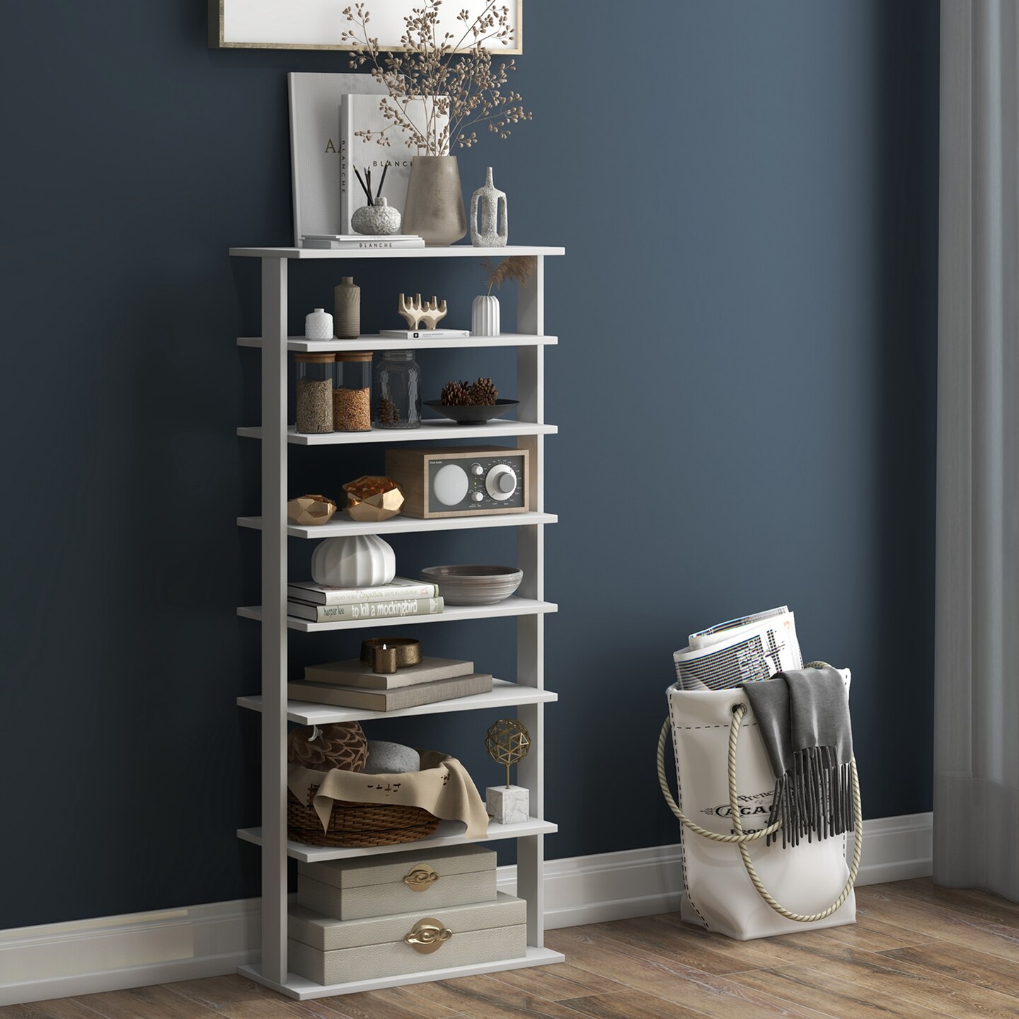 Costway Patented 7-Tier Double Rows Shoe Rack Vertical Wooden Shoe Storage Organizer Rustic White/Brown