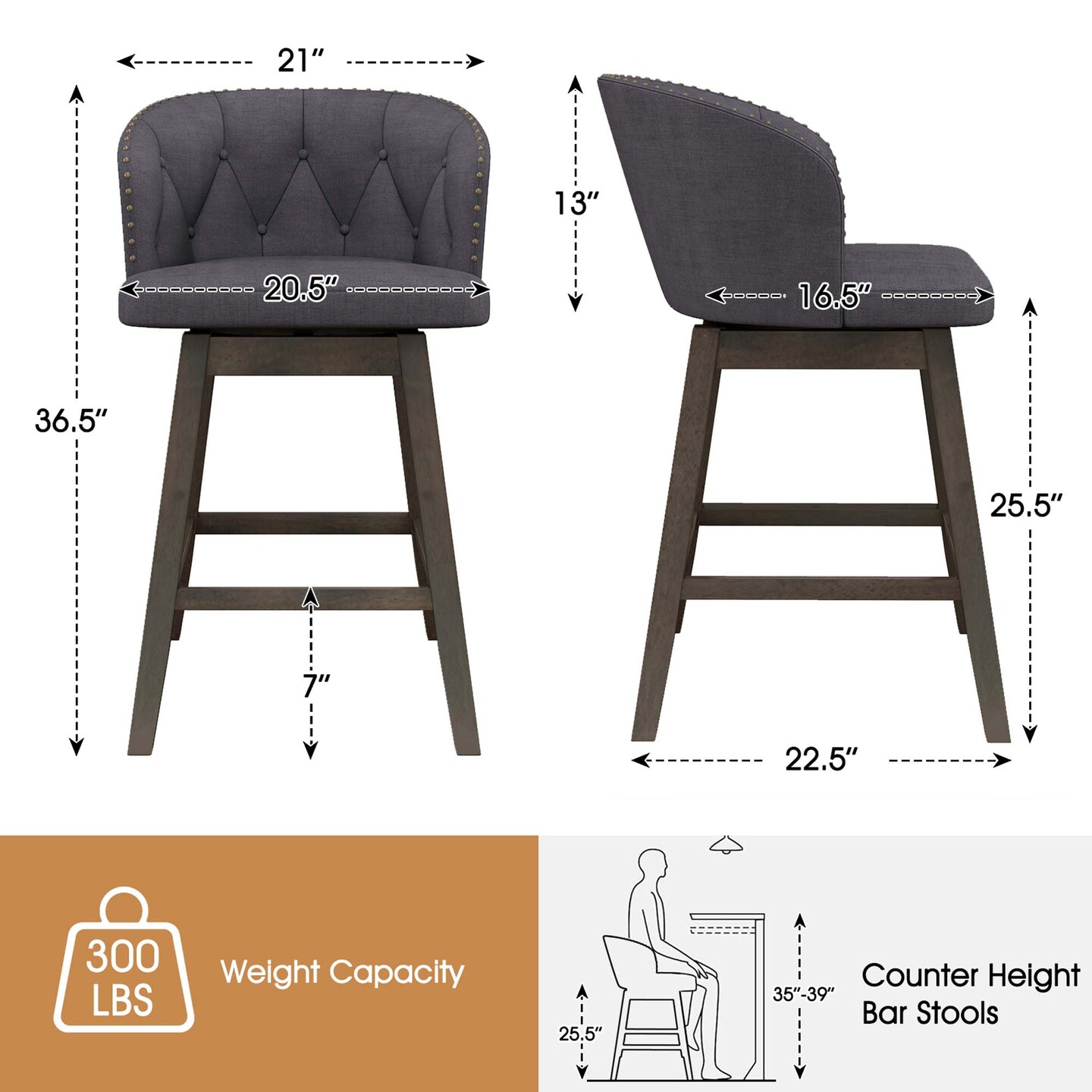 Costway 2/4 PCS Counter Height Bar Stools Fabric Upholstered Island Stools with 360° Swivel Seat Gray