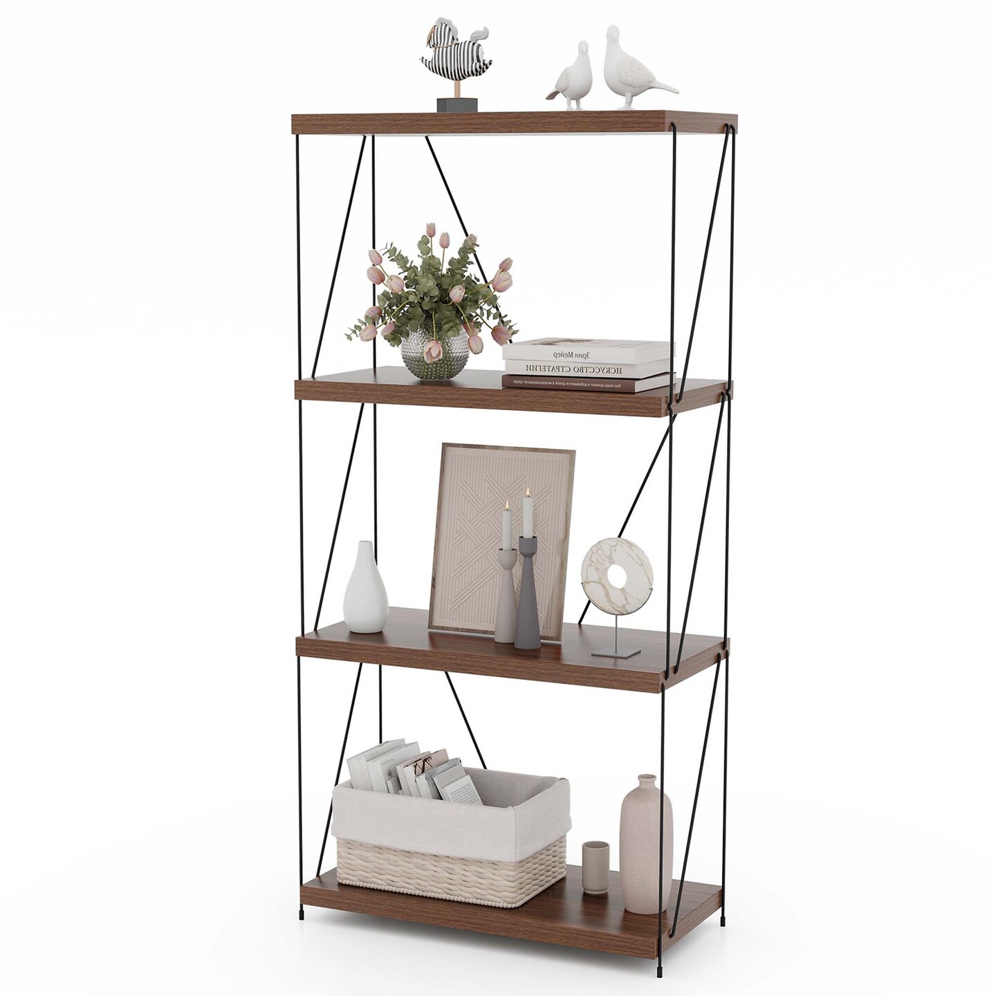 Costway 1/2 PCS 4-Tier Multipurpose Display Rack Freestanding Bookcase with Metal Frame Walnut