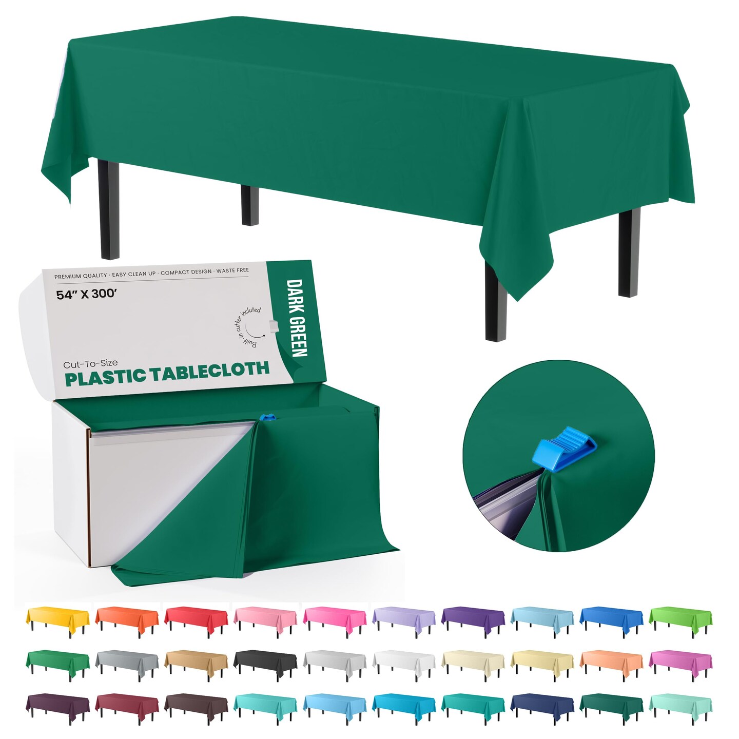 Party Solids 54" x 300' Plastic Table Cover Roll with Slide Cutter – Cut-to-Size Dispenser Box – Makes Up to 36 Disposable 8' Rectangle Tablecloths by Exquisite