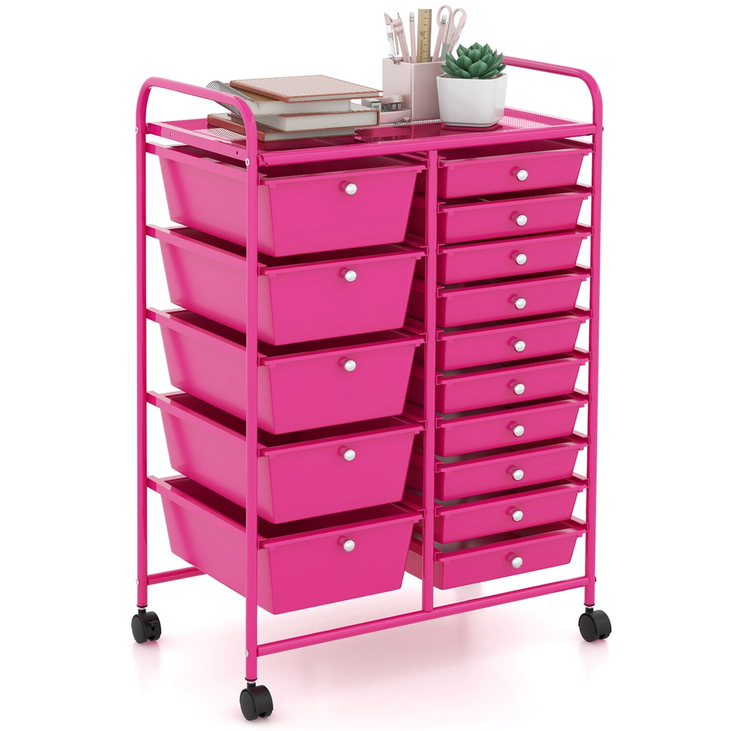 Costway 15 Drawer Rolling Storage Cart Tools Scrapbook Paper Office School Organizer Multicolored/Pink/Grey/Hot Pink/White/Black/Clear/Multicolor/Colorful/Mixed Pink
