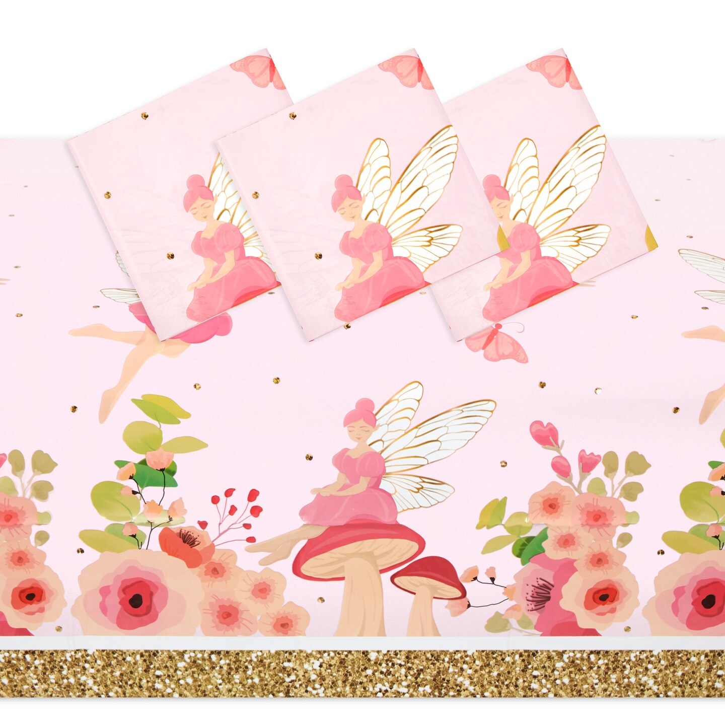 3 Pack Fairy Tea Party Tablecloths for Girls Floral Birthday Supplies, Fairy Table Cover for Garden Party, Picnic, Indoor or Outdoor Themed Events &#x26; Craft Projects (54 x 108 In)