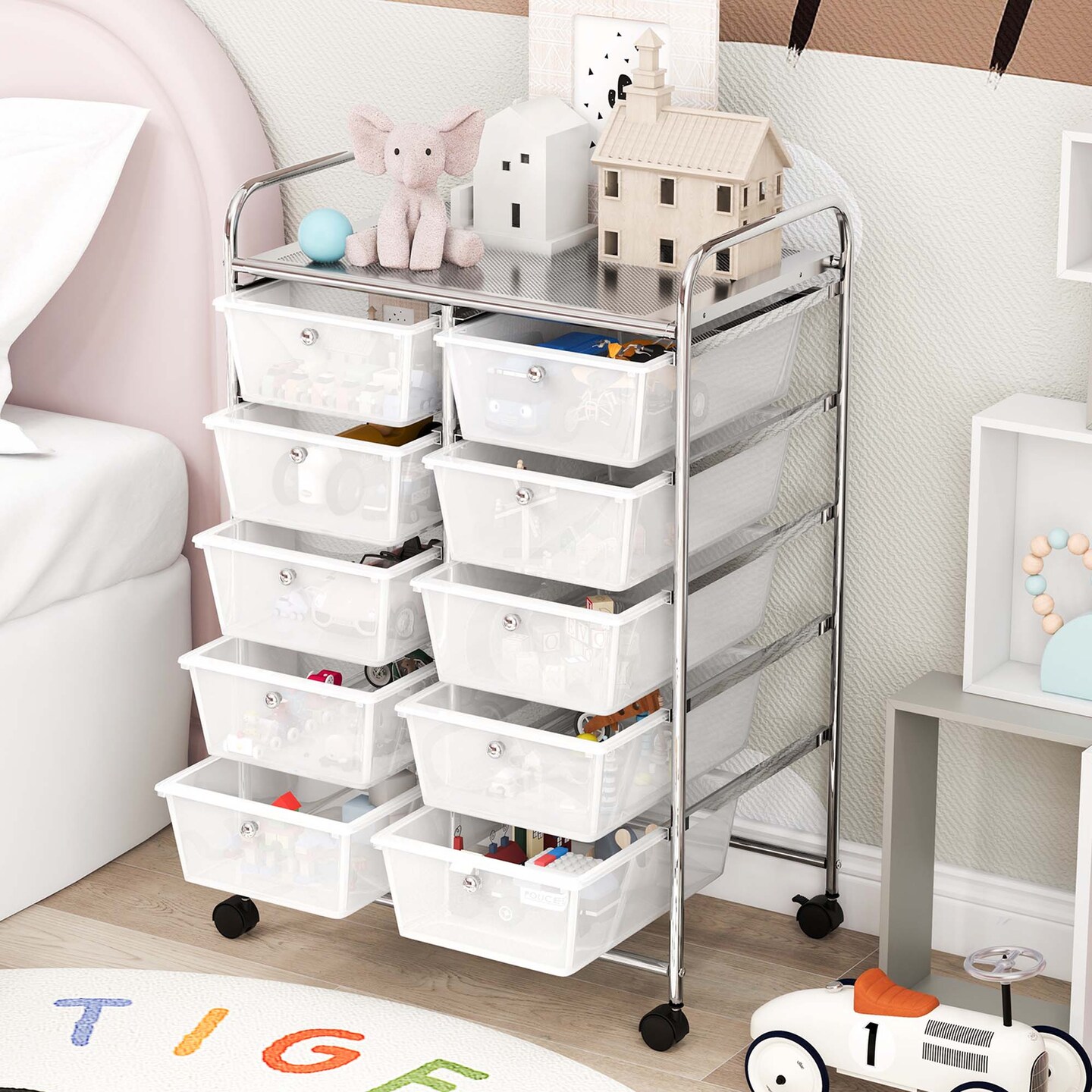 Costway 10-Drawer Storage Cart Utility Rolling Trolley Kitchen Office Organizer Black/Clear/Macaron/Grey/Black Gardient/Multicolor/Pink/RainbowithWhite/Hot Pink/Skin Pink/Purple
