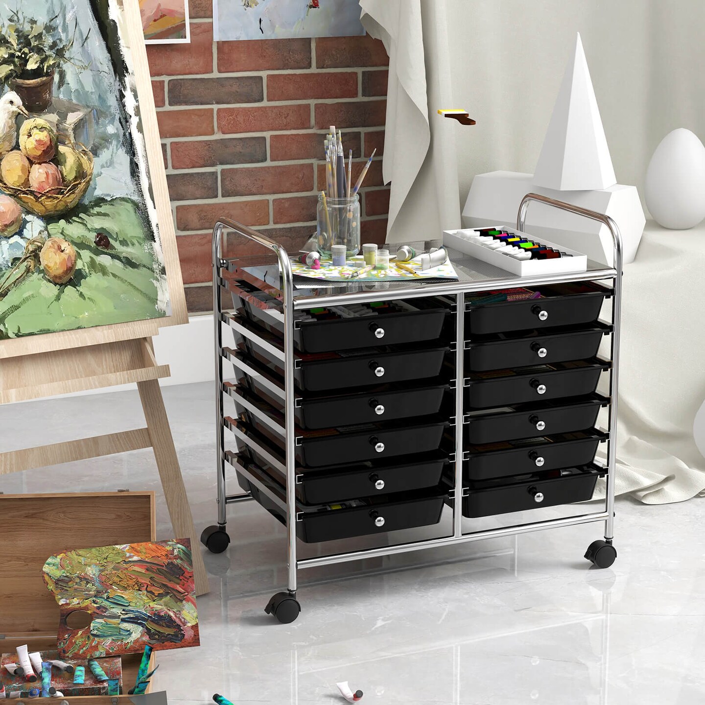 Costway 12 Drawers Rolling Cart Storage Scrapbook Paper Studio Organizer Bins Macaron/White/Light Pink/Purple/Pink/Clear/Gray/Rainbow/Multicolor/Hot Pink/Black
