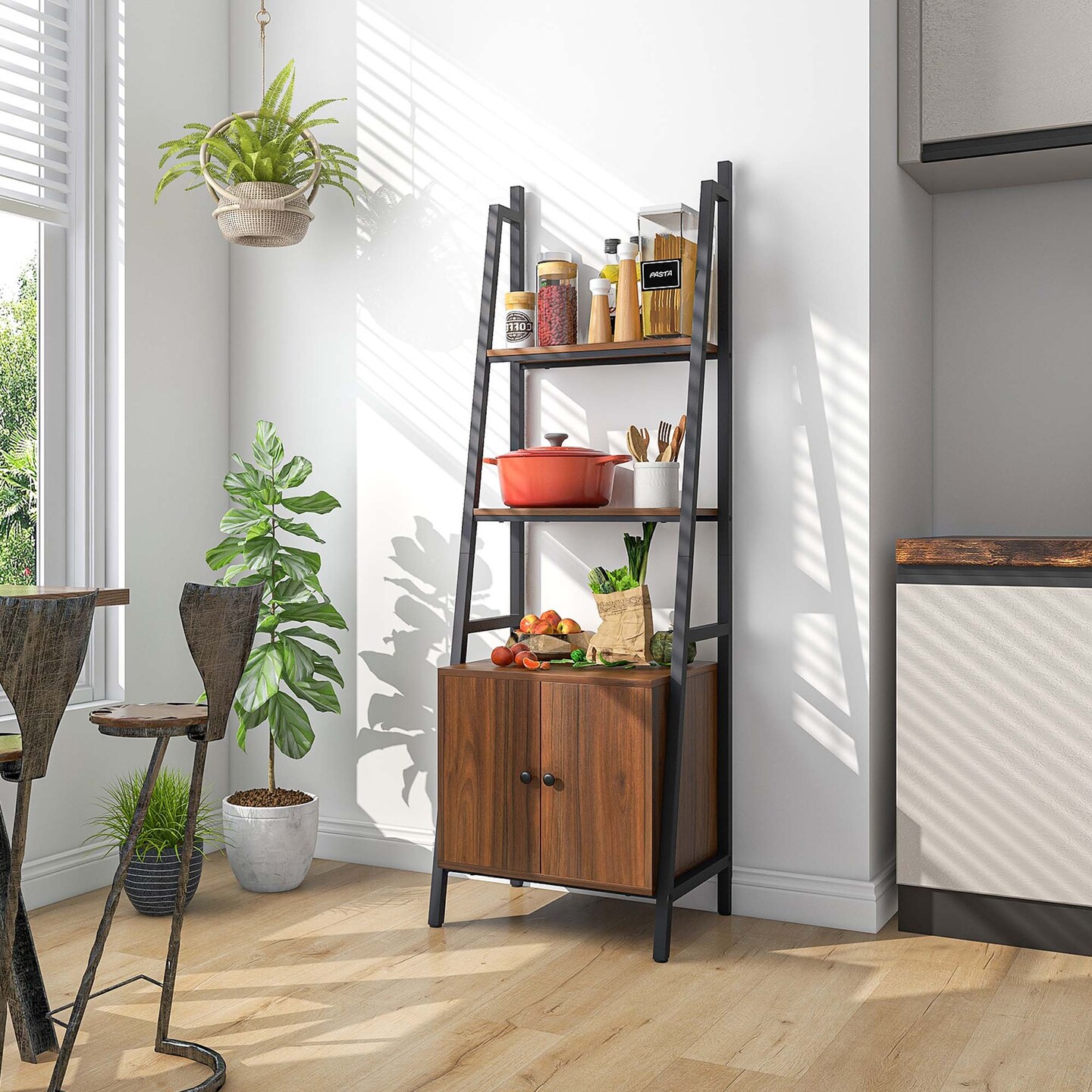 Costway 2 PCS Ladder Shelf Industrial Bookcase with Cabinet Metal Frame for Living Room