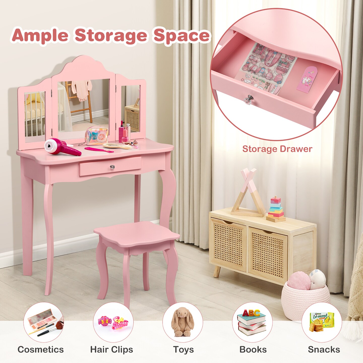 Costway Kids Vanity Table & Stool Princess Dressing Make Up Play Set for Girls White/Pink