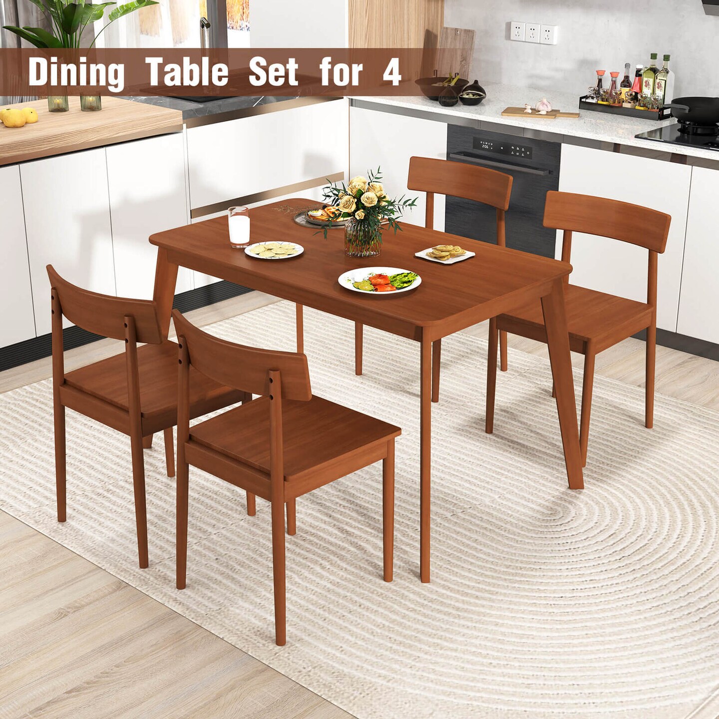 Costway 5 PCS Dining Table Set Rectangular Kitchen Table & 4 Chairs with Rubber Wood Frame