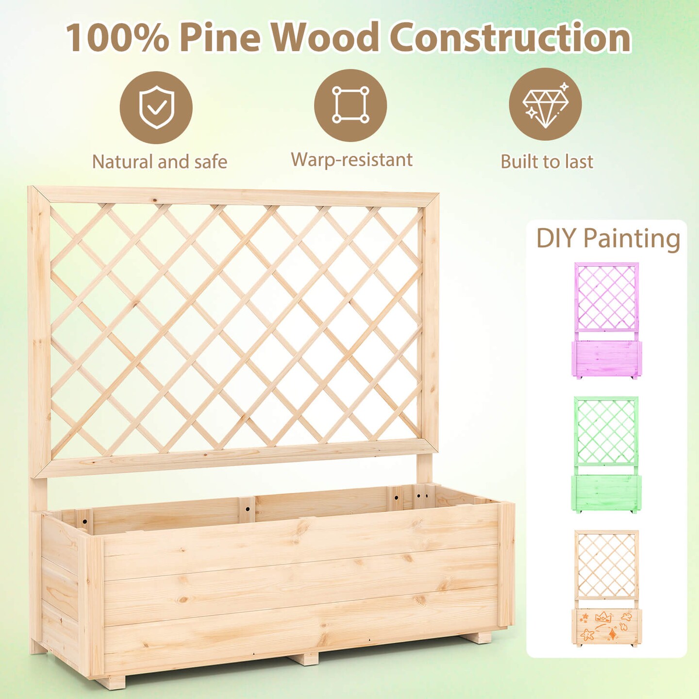 Costway 1/2 PCS 40" Wooden Raised Garden Bed with Lattice Trellis for Climbing Vine Flower