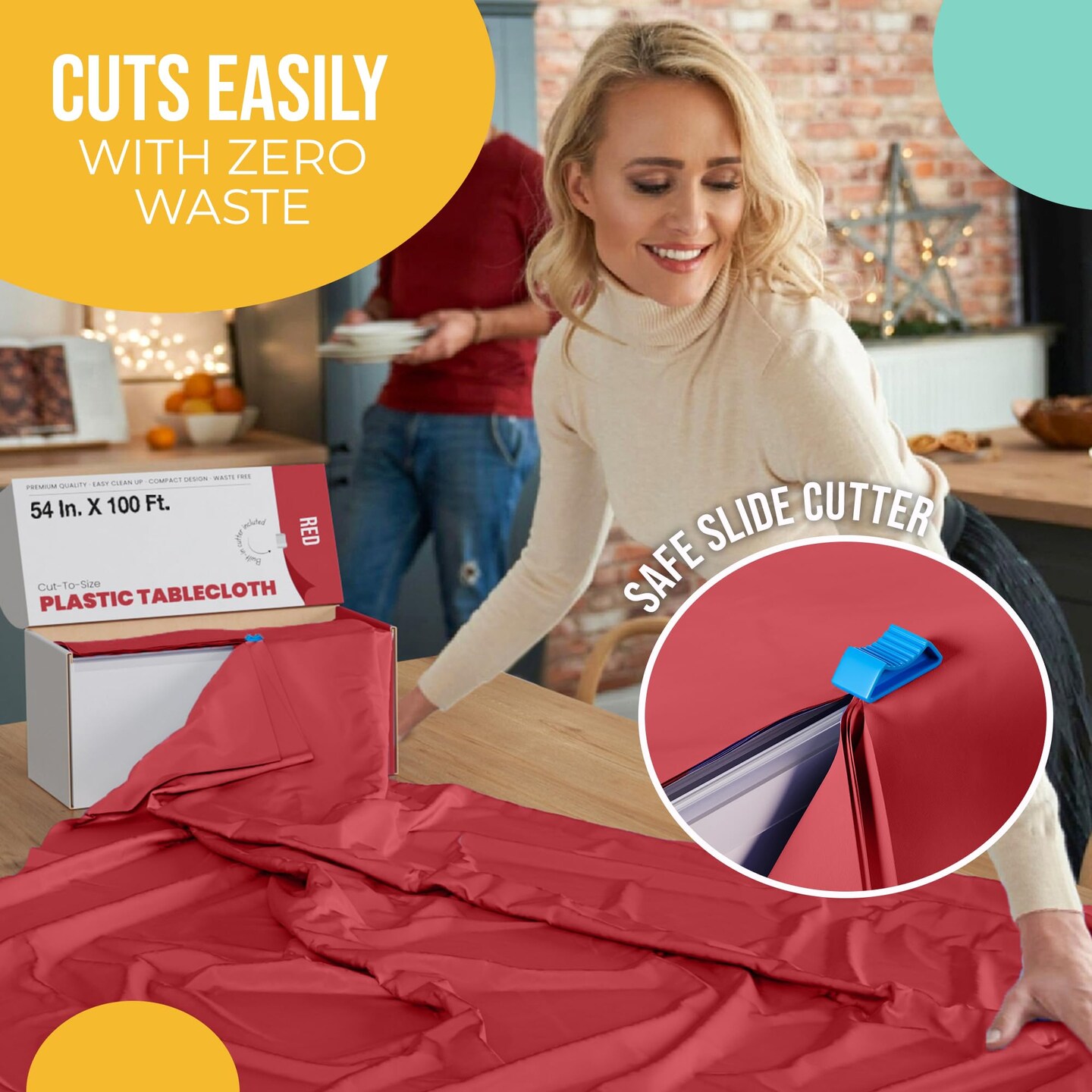 Exquisite Party Solids 54" x 100' Plastic Table Cover Roll with Slide Cutter – Cut-to-Size Dispenser Box – Makes Up to 12 Disposable 8' Rectangle Tablecloths
