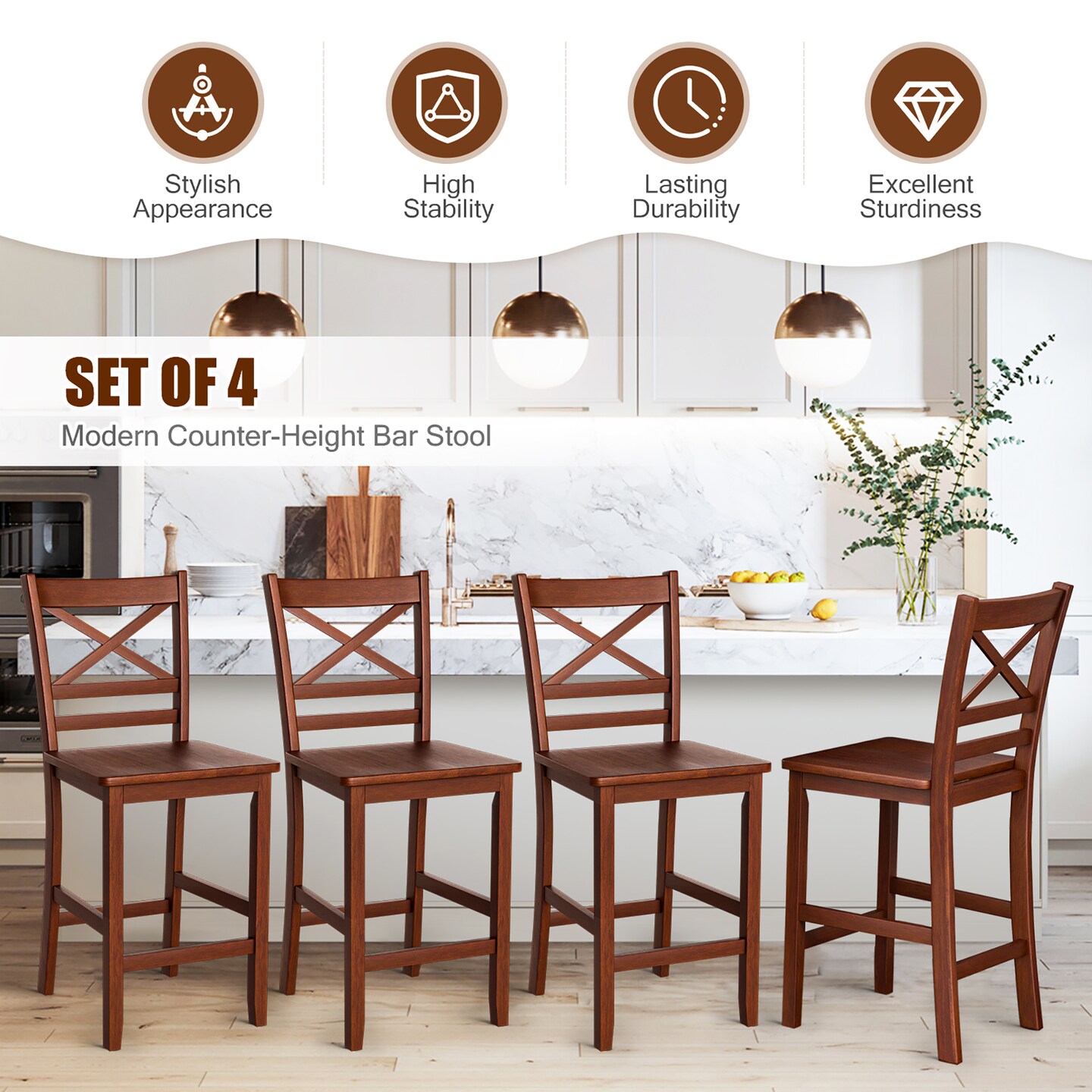 Costway Set of 4 Bar Stools 24'' Counter Height Chairs w/ Rubber Wood Legs Walnut