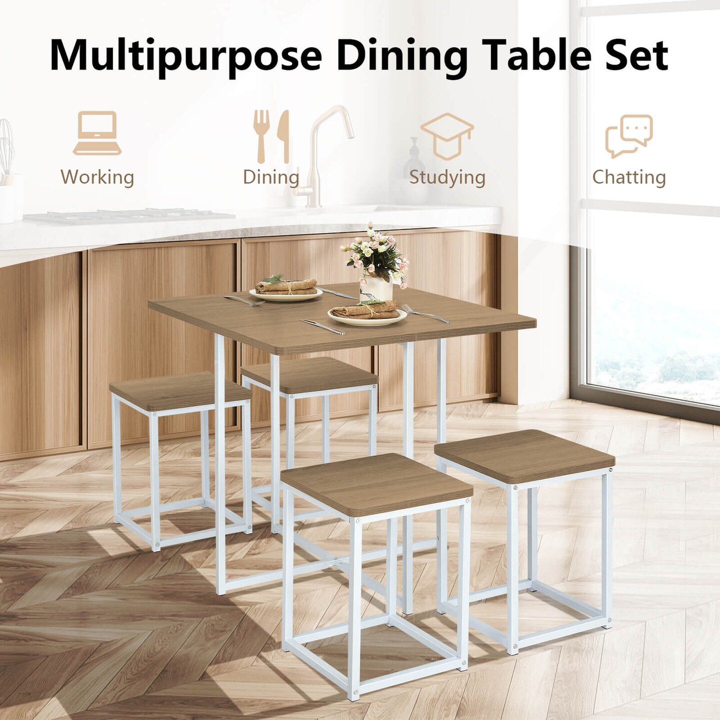 Costway 5pcs Dining Set Compact Dining Table and 4 Stools Metal Frame Nature\Vintage