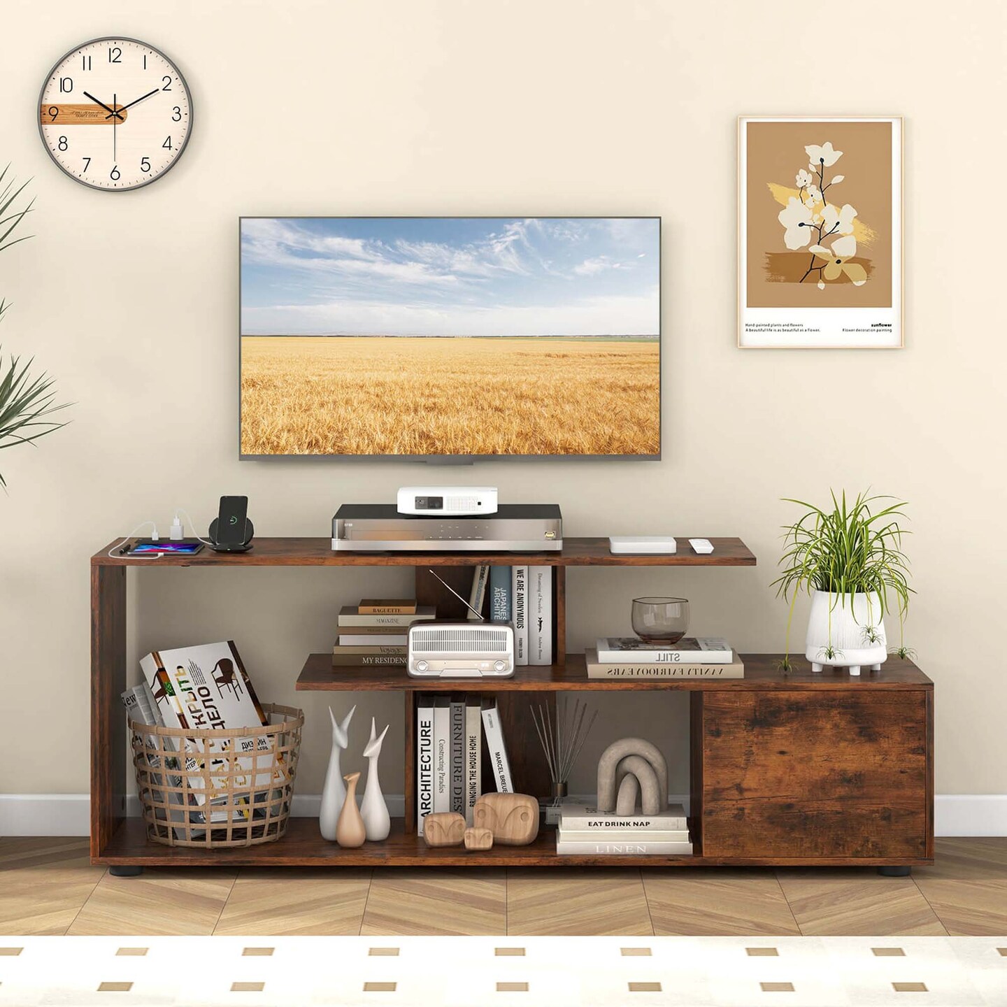 Costway 60" TV Stand with Charging Station Storage Shelves Industrial Entertainment Center