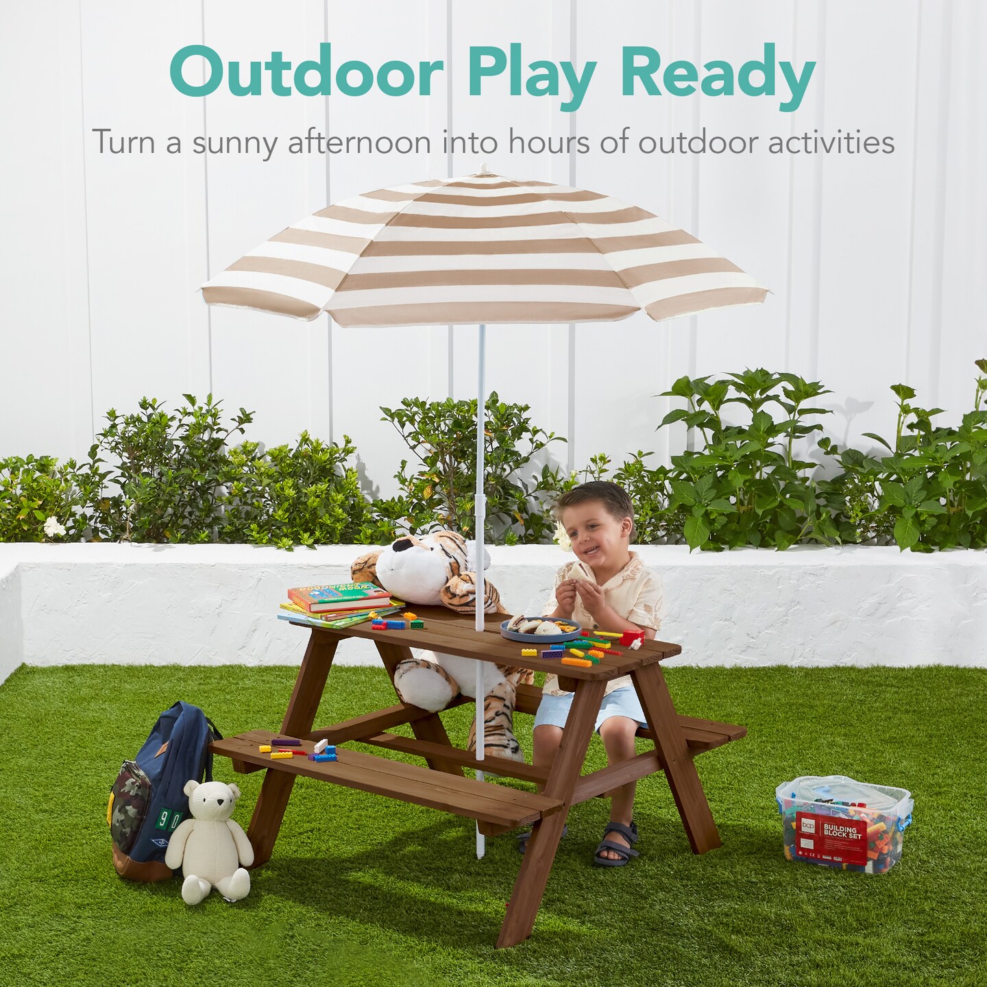 Best Choice Products Kids Wooden Picnic Table, Outdoor Activity Table w/ Adjustable Umbrella, Seats