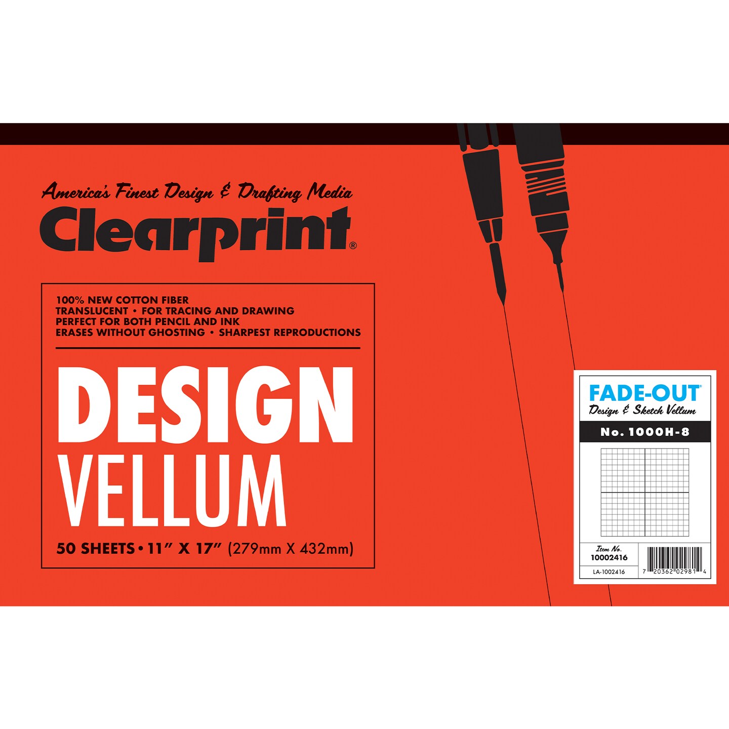 Clearprint 1000H Design Vellum Pad with Fade-Out Grid, 16 lb., 100% Cotton, 50 Sheets/Pad