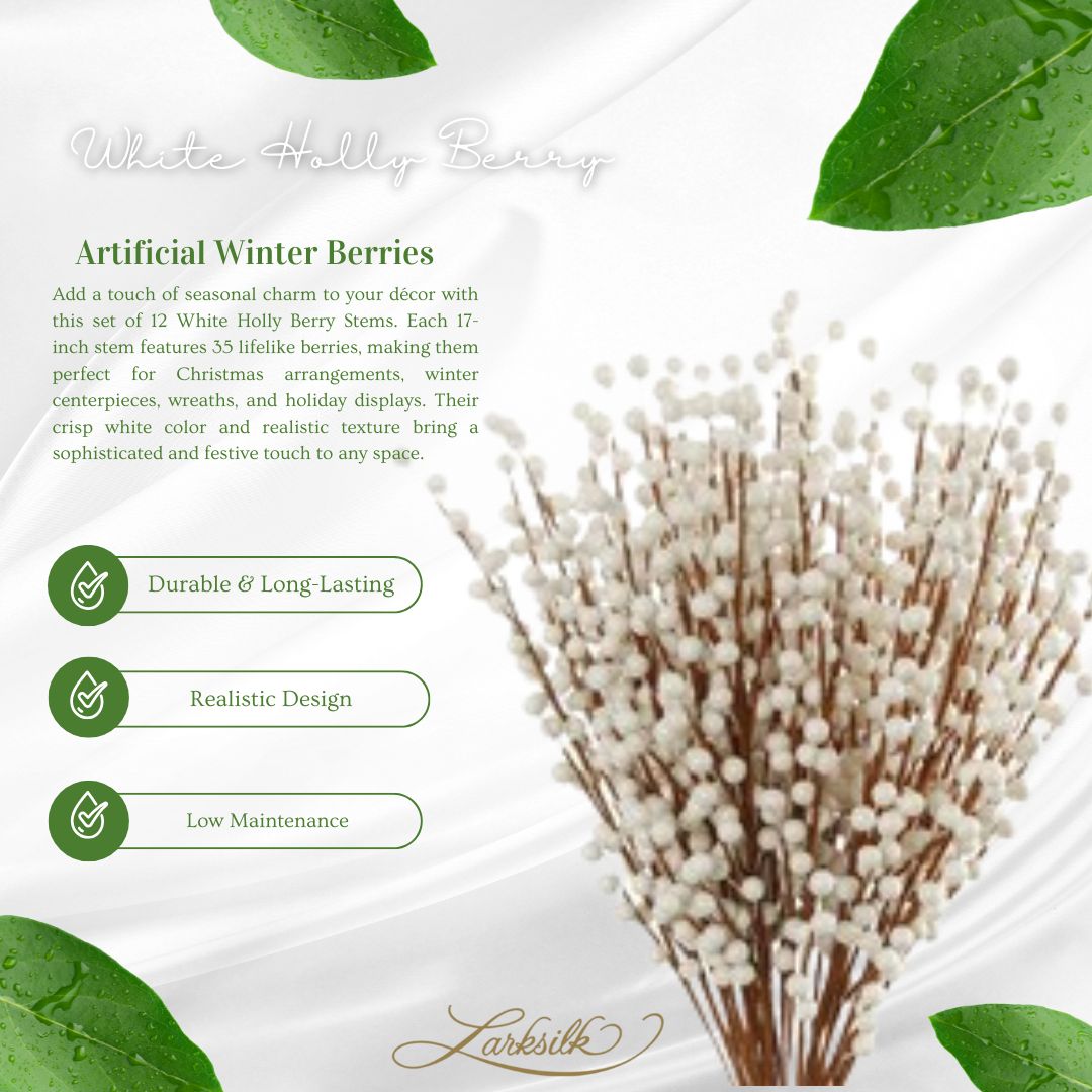 Set of 12: White Holly Berry Stems with 35 Lifelike Berries | 17&#x22; Long | Festive Accents | Seasonal Picks | Winter Florals | Christmas Berries | Home &#x26; Office Decor