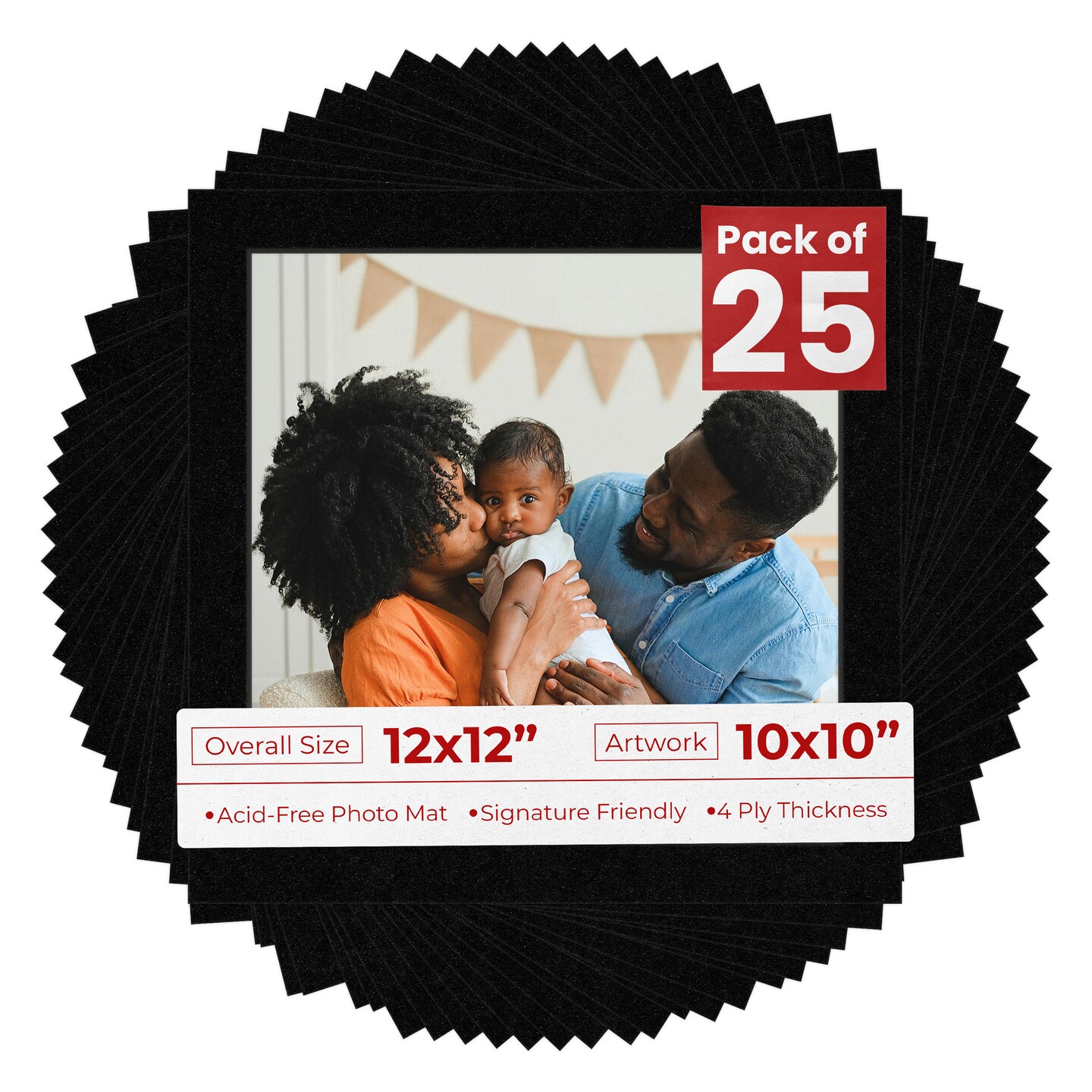 Black with Black Core Mat Board for 12x12 Frames - Fits 10x10 Photos