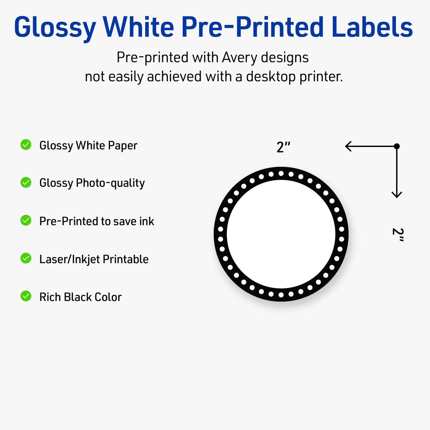 Avery Printable Round Labels with Sure Feed Technology, Black & White Polka Dots Design, 2" Diameter, Glossy White Permanent Labels, Laser/Inkjet, 120 Total, Great for Product Labels