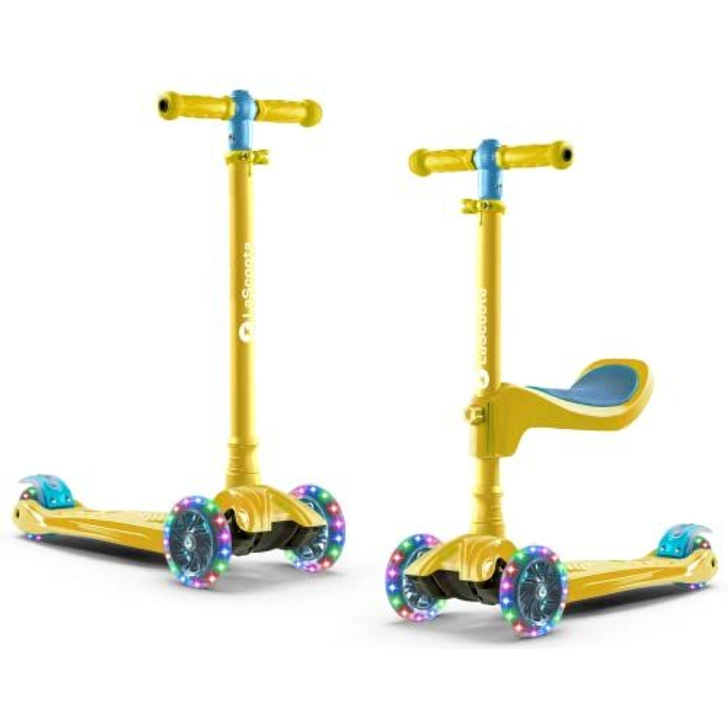 LaScoota 2-in-1 Kids Kick Scooter, Adjustable Height Handlebars and Removable Seat, 3 LED Lighted Wheels and Anti-Slip Deck, for Boys &#x26; Girls Aged 3-14 and up to 100 lbs, Gift-Ready Gold Scooter