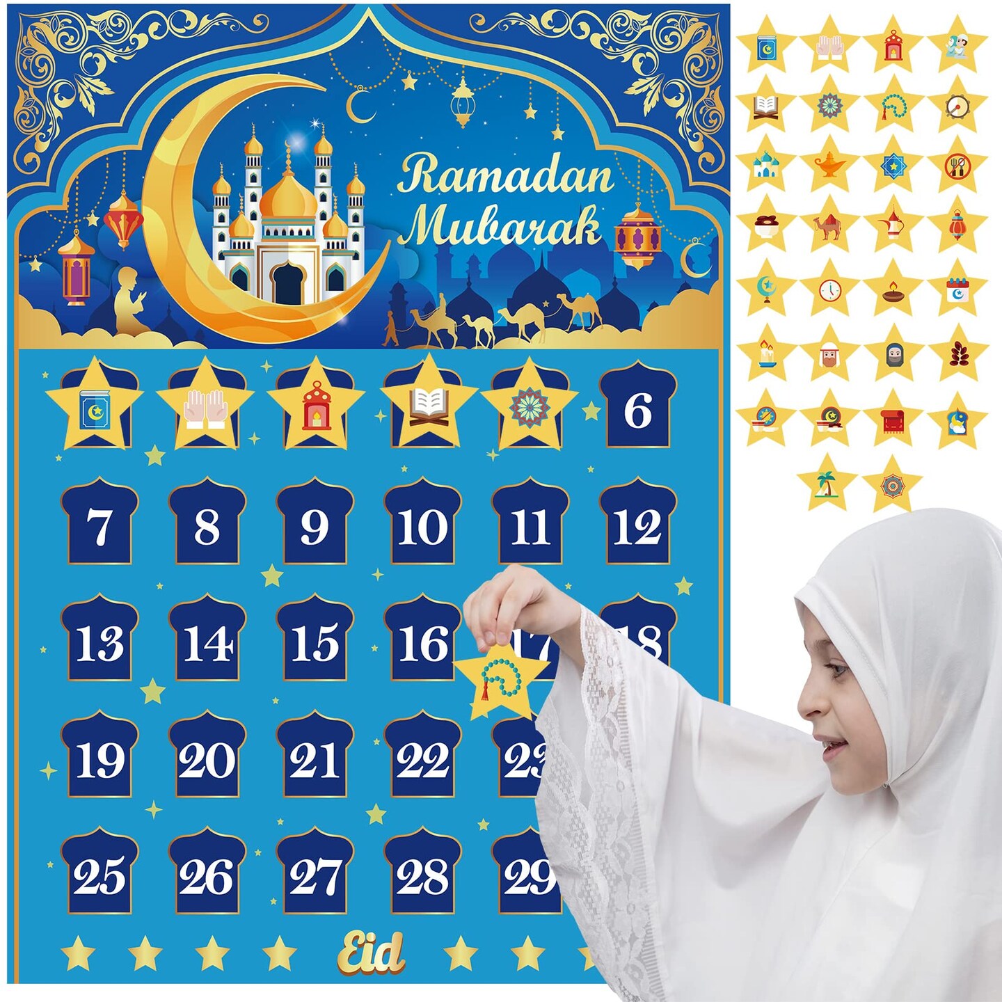 Ramadan Calendar, Eid Mubarak Calendar Countdown 2024 for Eid Party Supplies, Ramadan Advent Calendar Poster with 30 Countdown Star Stickers for Ramadan Mubarak Home Wall Decorations