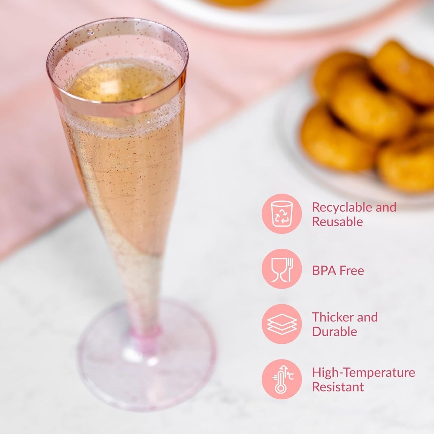 Edge Collections -Pink-Elegant Disposable Champagne Flutes for Celebrations-24 set