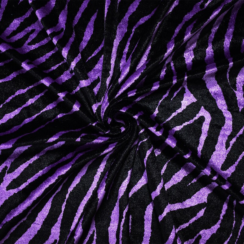 Purple-Black Poly Stretch Spandex Zebra Printed Velvet Knit Fabric By the Yard