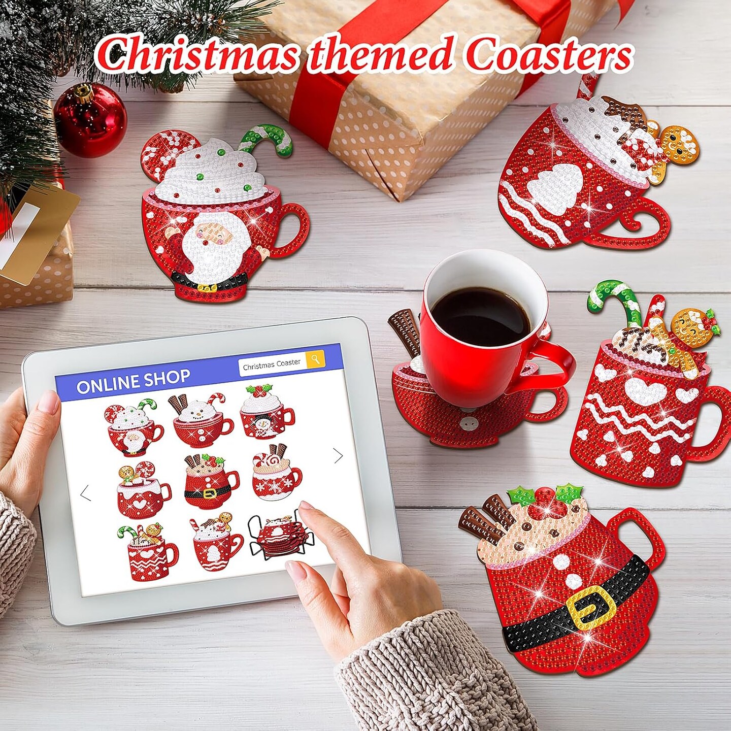 8 PCS Christmas Diamond Art Coasters Christmas Hot Cocoa Diamond Art Coasters Kits with Holder Santa Claus Snowman DIY Coasters for Beginners, Adults, Kids, Diamond Art Crafts Supplies