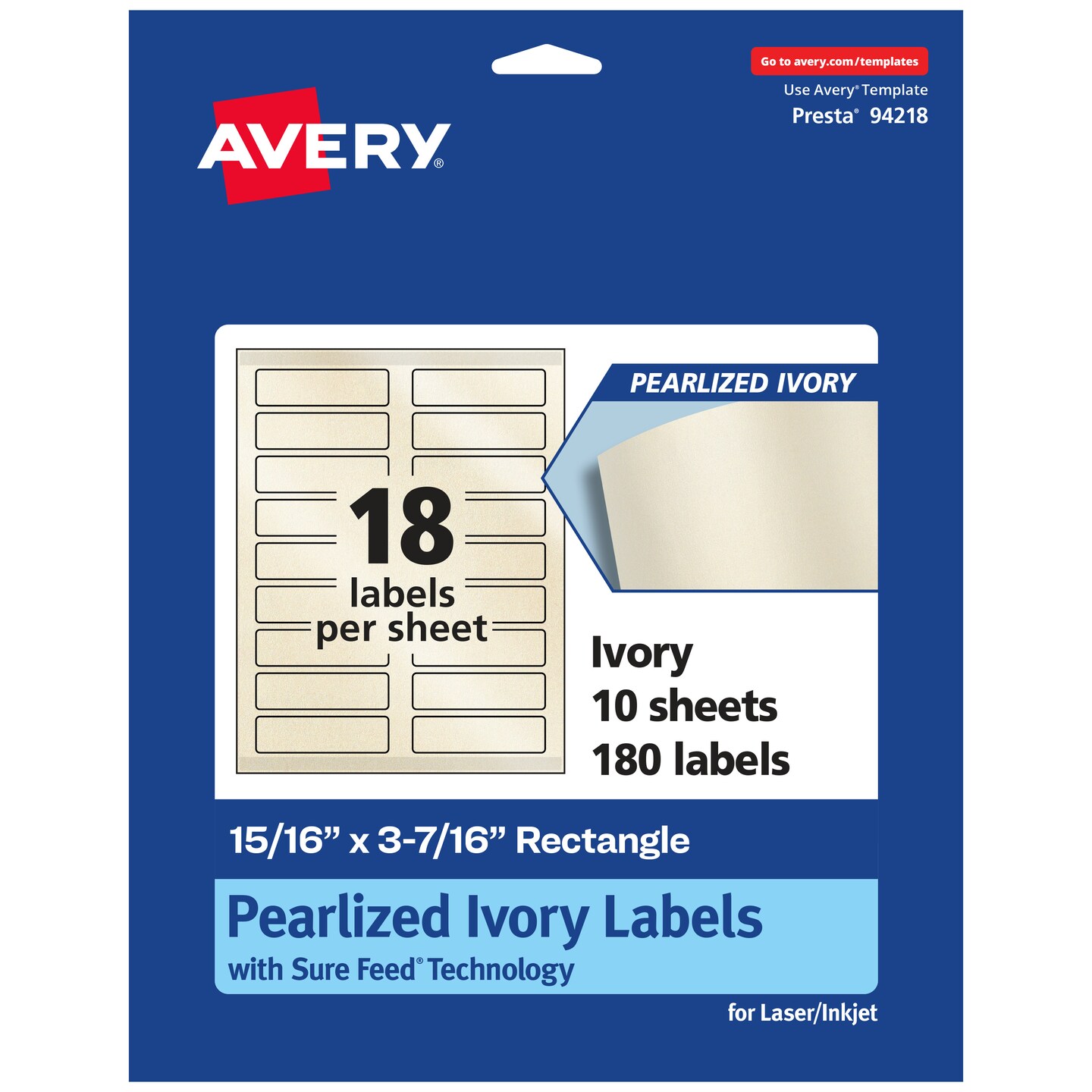 Avery Pearlized Ivory Rectangle Labels with Sure Feed Technology, 15/16" x 3-7/16"