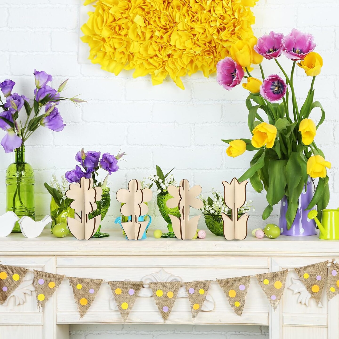 DIY 3D Flower Spring Wood Crafts to Paint for Kids Adults, Paintable Unfinished Wooden Slices for Craft, Flowers Cutouts Ornaments for Painting Decorations (24 PCS)