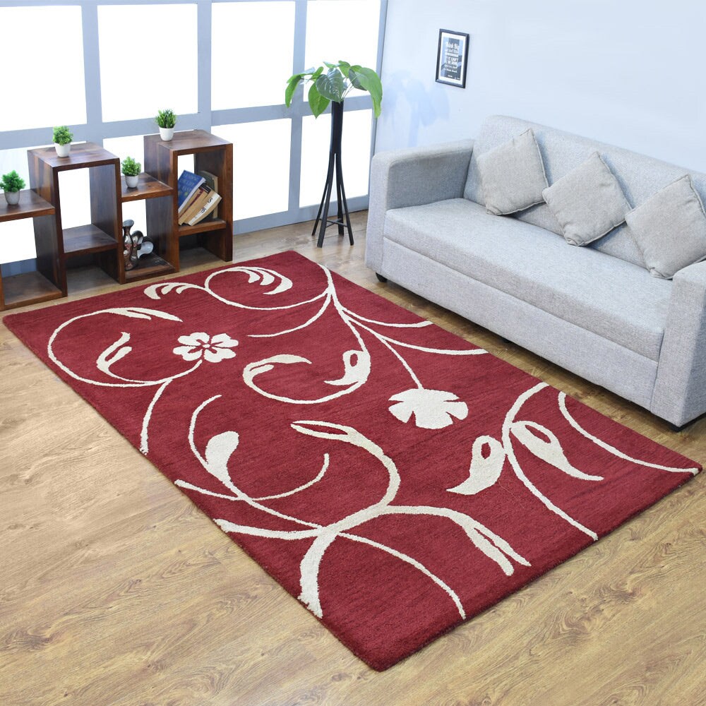 Hand Tufted Wool Area Rug Floral Red Beige K00733 Eco-Friendly Soft High-Pile
