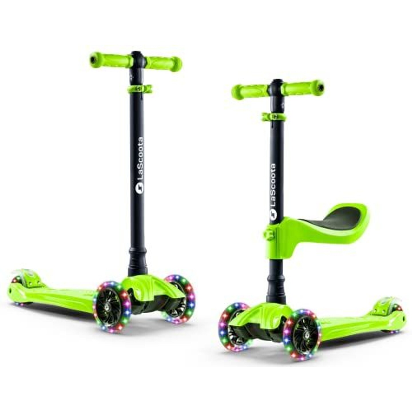 LaScoota 2-in-1 Kids Kick Scooter, Adjustable Height Handlebars and Removable Seat, 3 LED Lighted Wheels and Anti-Slip Deck, for Boys & Girls Aged 3-12 and up to 100 Lbs, Fun Green Toddler Scooter