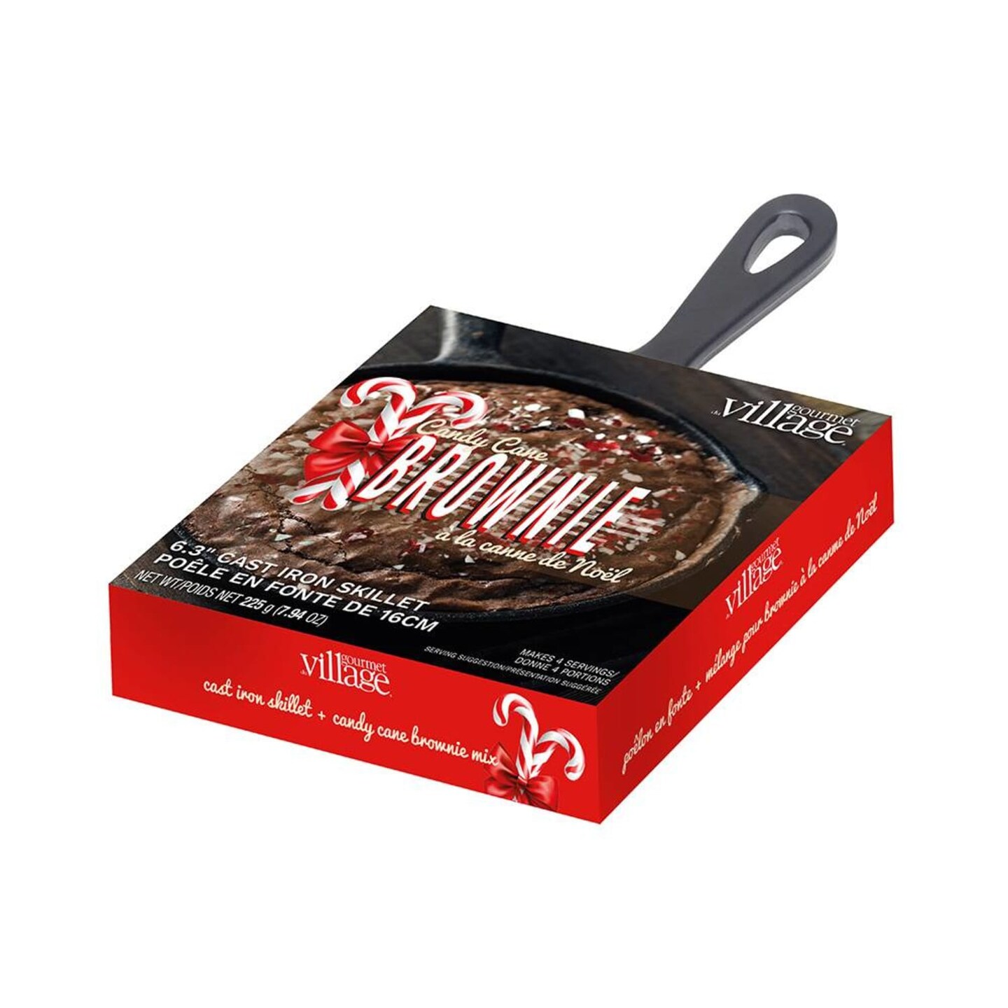 Gourmet du Village Skillet Mix Kit, Sweet Treat or Gift Dessert Mix with 6.2 inch Cast Iron Skillet, Candy Cane Brownie
