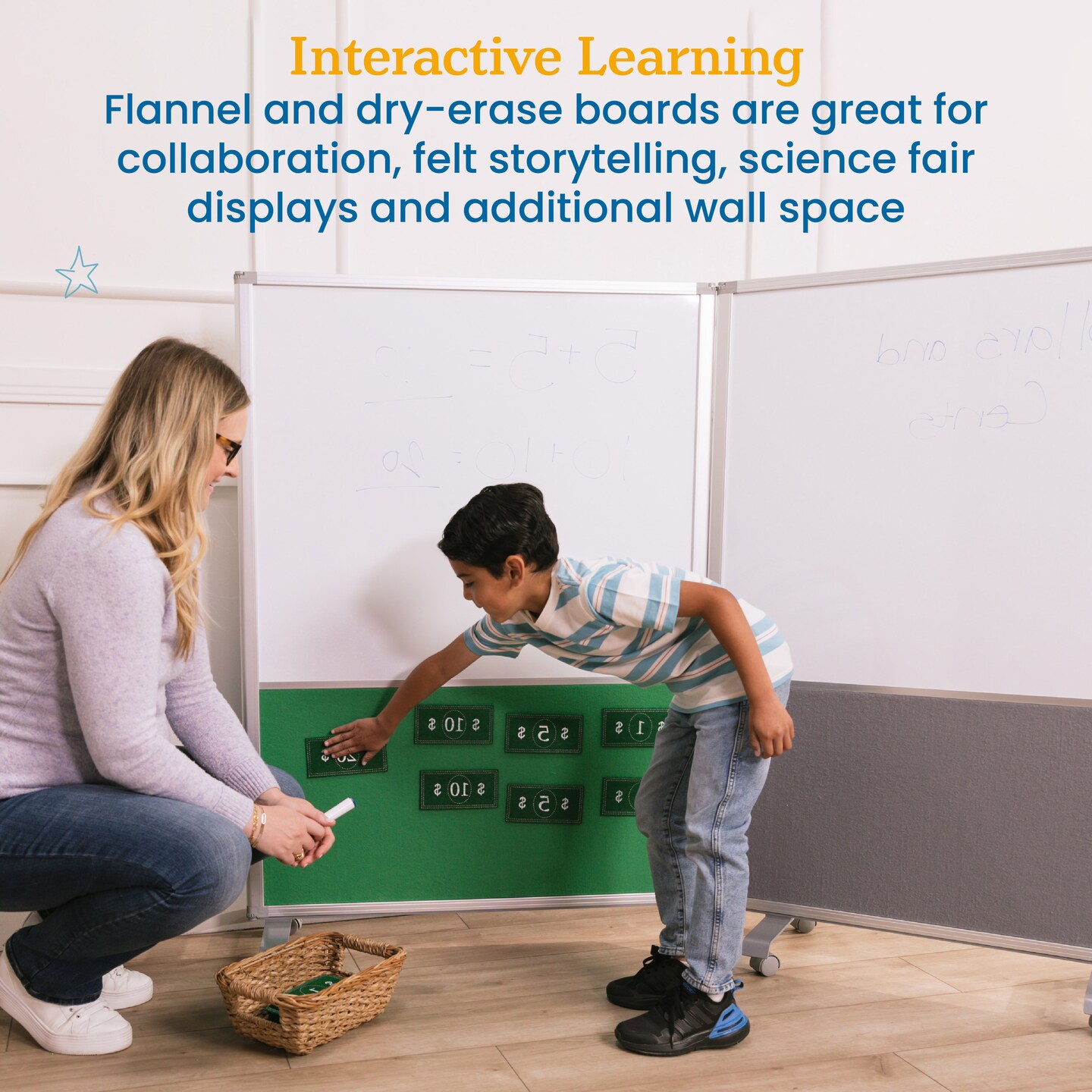 Mobile Dry-Erase and Flannel Split Room Divider, 3-Panel, School Supplies