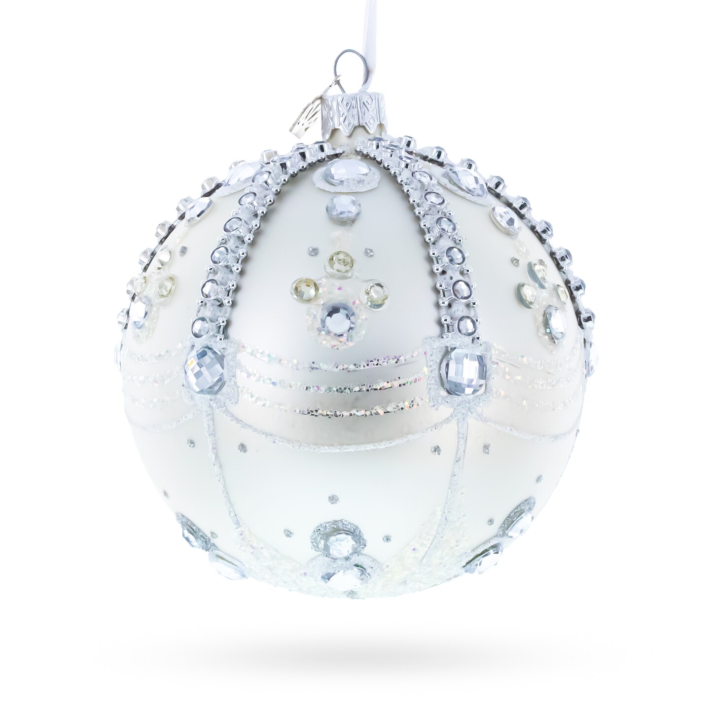 White Jewels on Silver Glass Ball Christmas Ornament 4 Inches