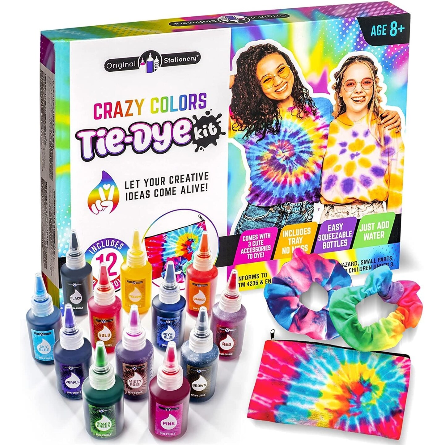 Original Stationery Crazy Colors Tie Dye Kit for Kids Aged 8-12 Years, Includes 12 Colors to Make Colorful Tie Dye Crafts, Great Christmas Gift &#x26; Thanksgiving Gift Idea