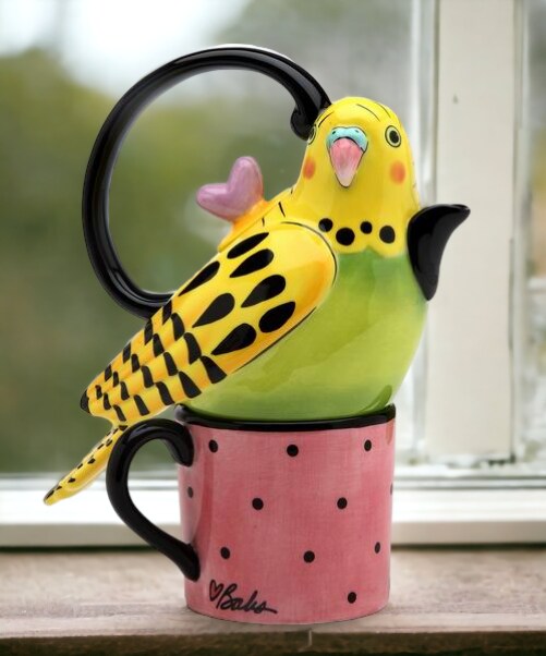 Ceramic Yellow Parakeet Bird Tea For One, Gift for Her, Gift for Mom, Kitchen Décor, Tea Party Décor, Café Décor, Birdwatcher Gift