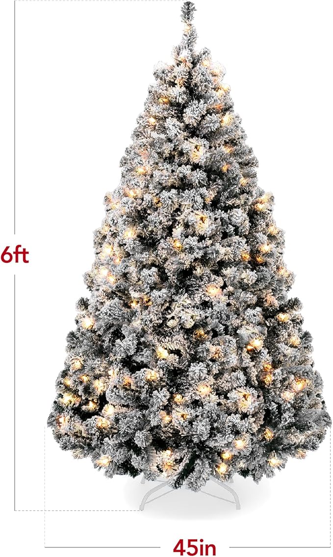 Snow Flocked Christmas Tree Full Pine with 250 White & Multicolor LED Lights, 928 Tips & Foot Switch Control