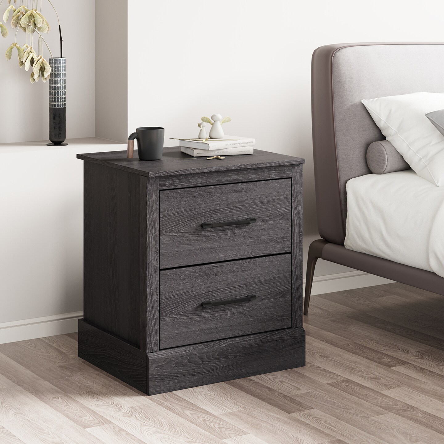 Costway 2 Drawer Nightstand Bedside Table Compact Sofa End Table Dark Grey Oak/Walnut
