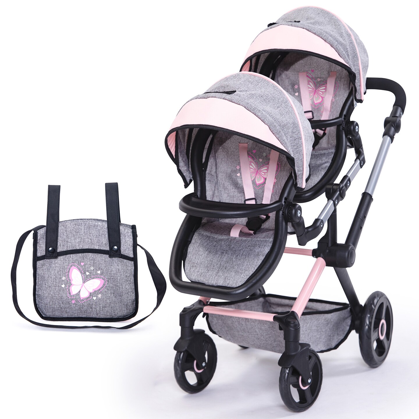 Bayer: Xeo Twin Pram - Butterfly Grey & Pink - Matching Handbag, Adjustable Handle, for Dolls Up to 20"
