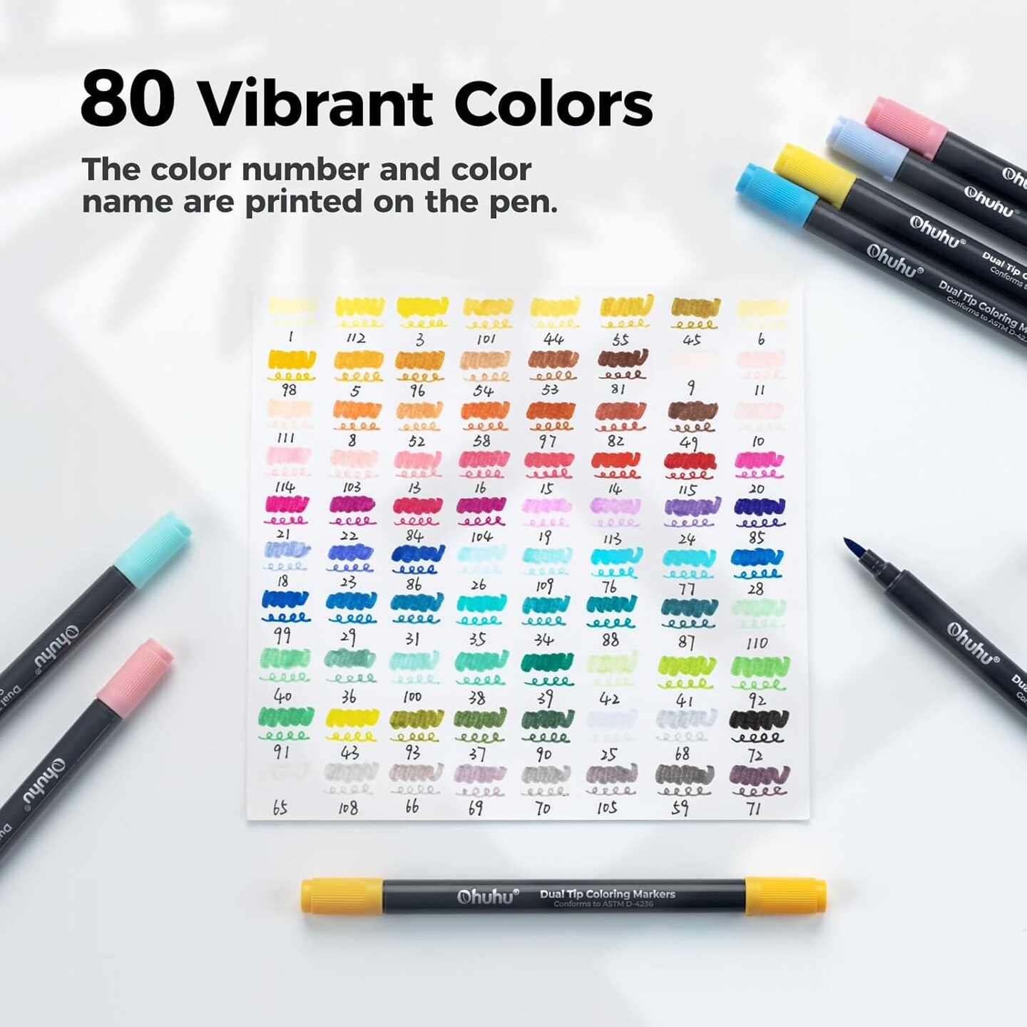 Ohuhu Markers Brush Tip 80-Colors with 72-Sheet Coloring Book - Double Tipped Markers for Adults Coloring Books - Art Marker Set Bundles with 100% Bleed-Proof Coloring Pages - Fine &#x26; Brush Dual Tips