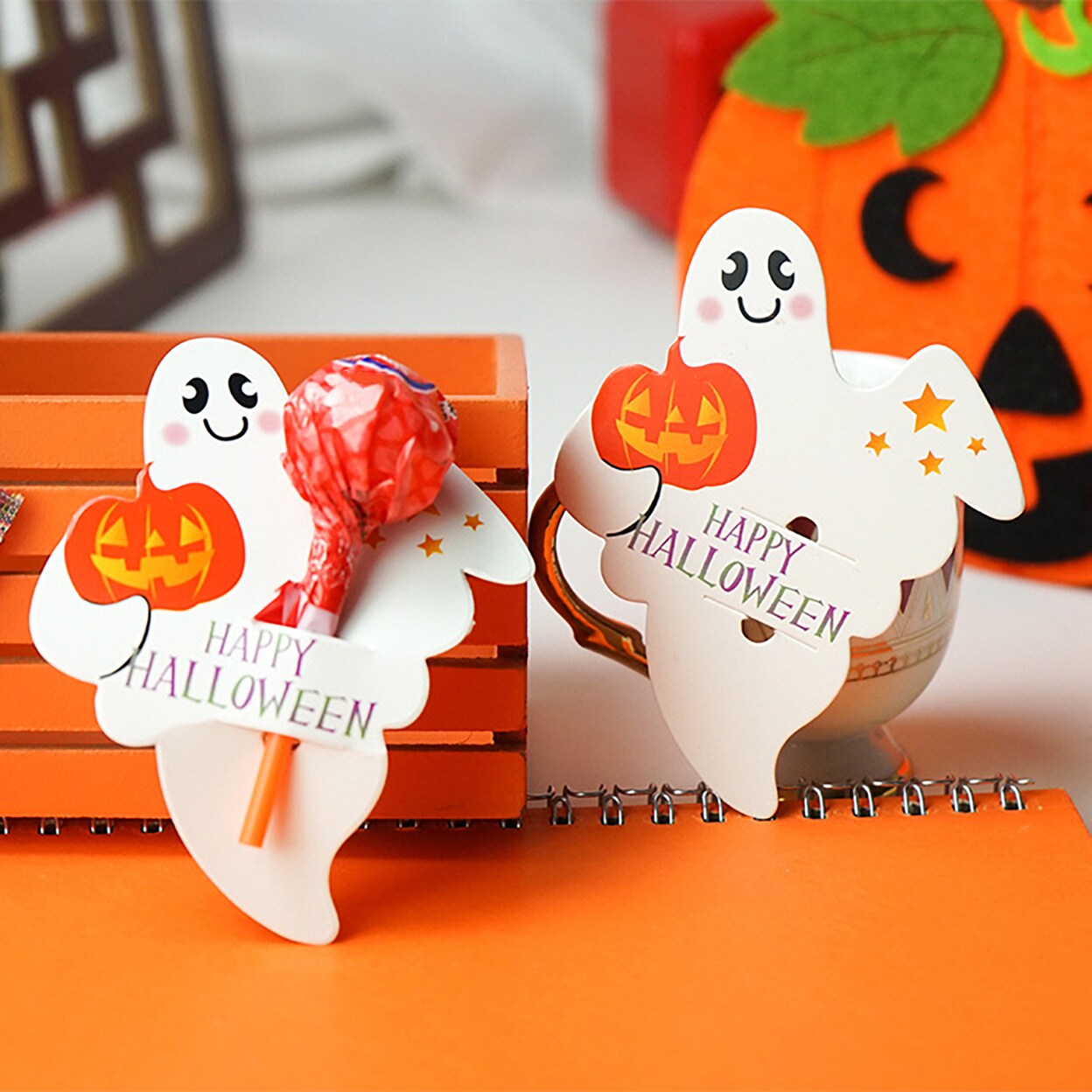 48Pcs Halloween Lollipop Holder Card Ghost Pumpkin Candy Biscuit Holder Paper Card For Party Home Happy Halloween
