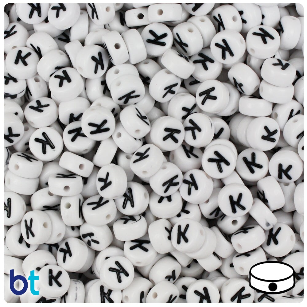 BeadTin White Opaque 7mm Coin Plastic Alpha Beads - Black Letter K (100pcs)