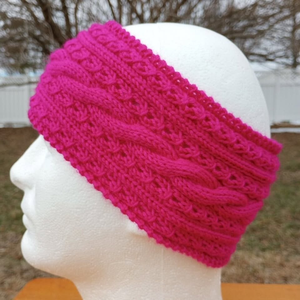 Women\'s Hand Knit Aran Cabled Headband Ear Warmer Knit Fuchsia Pink Nordic Vegan Women main image 2