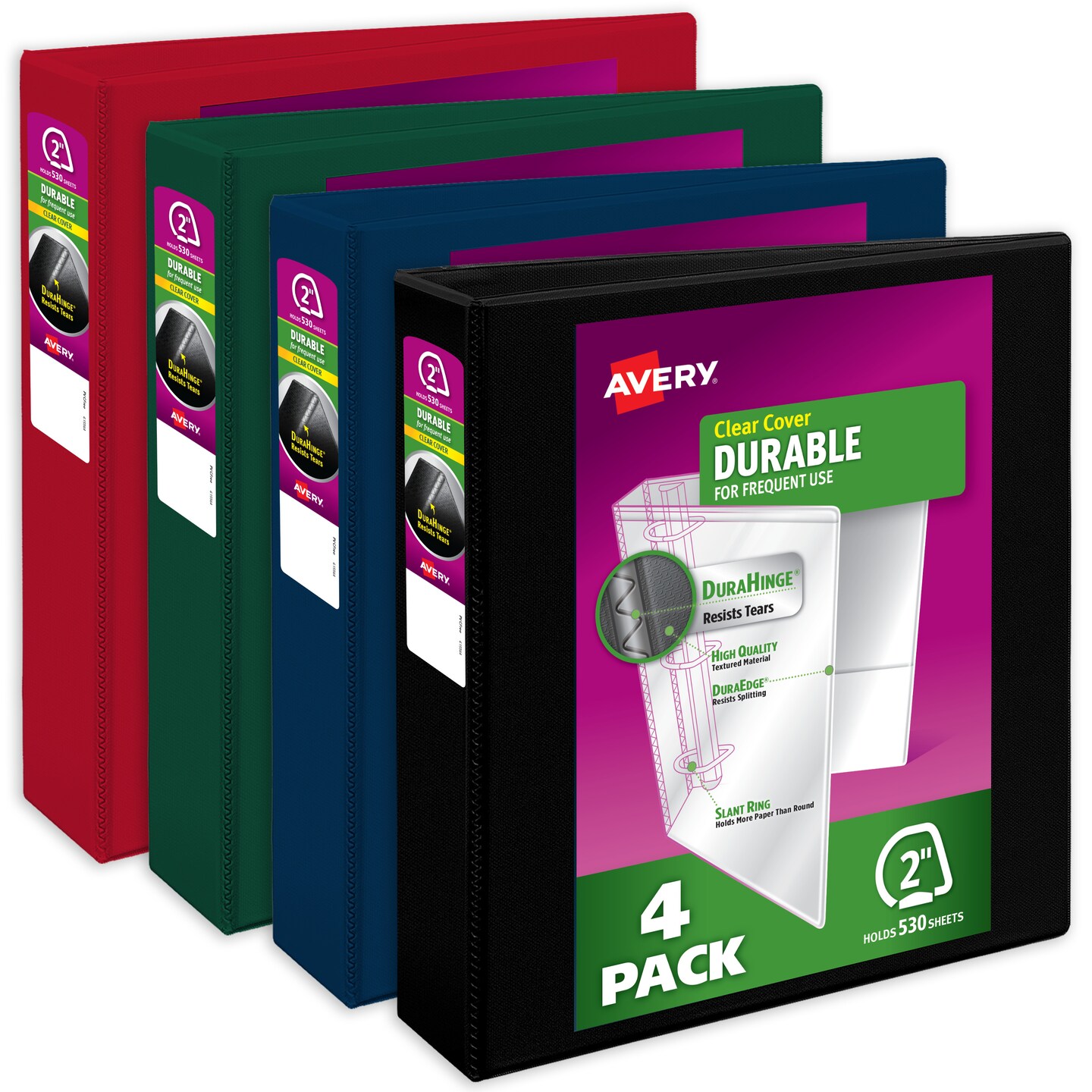 Avery Durable View 3 Ring Binders, 2 Inch Slant Rings, 530-Sheet Capacity, DuraHinge, 2.8 Inch Wide Spine, Customizable Clear Covers and Spine, Dark Colors (4-Pack of 05638)