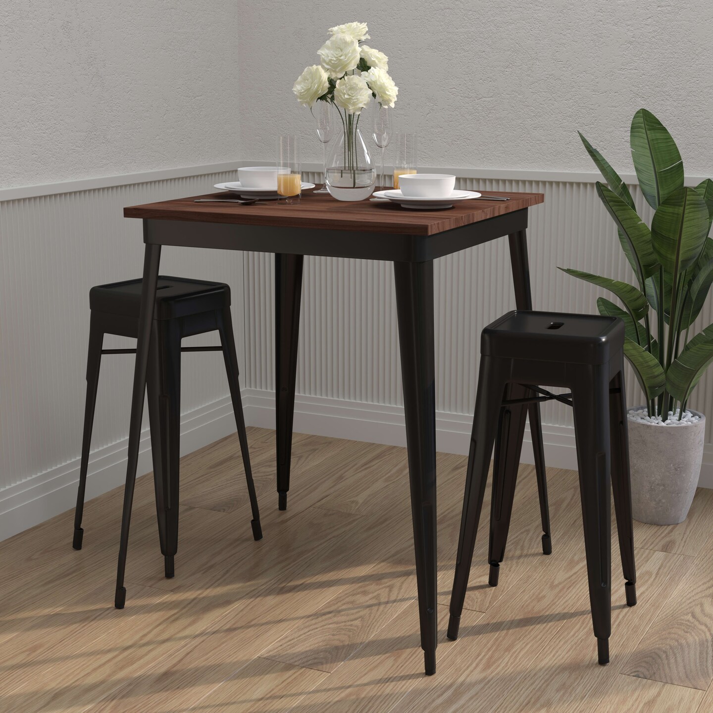 Merrick Lane Ardennes 31.5 Steel Indoor Contemporary Table With Square Rustic Wood Top