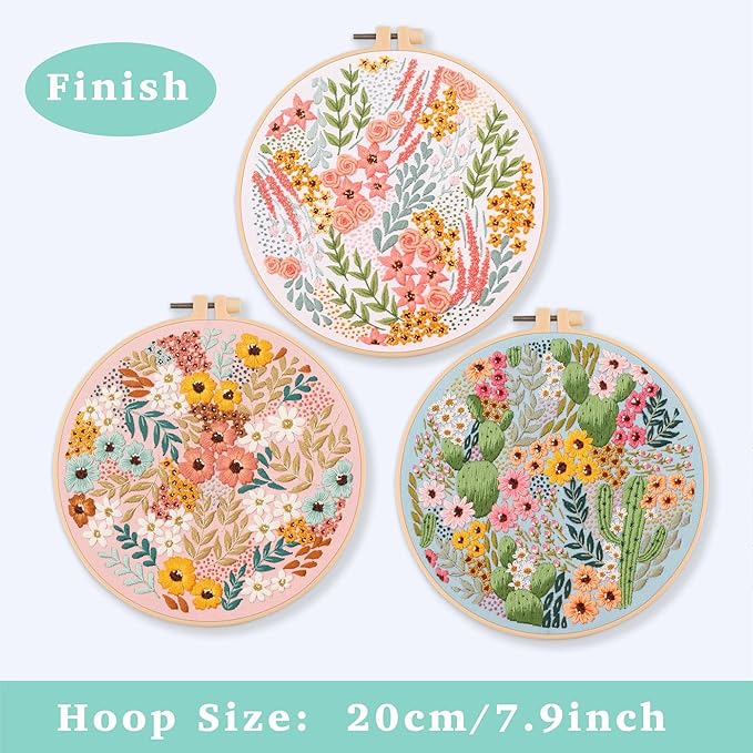 Patterns and Instructions, DIY Adult Cross Stitch Kits Beginner, Including 3 Plastic Embroidery Rings, 1 Scissors, Colored Threads and Needles
