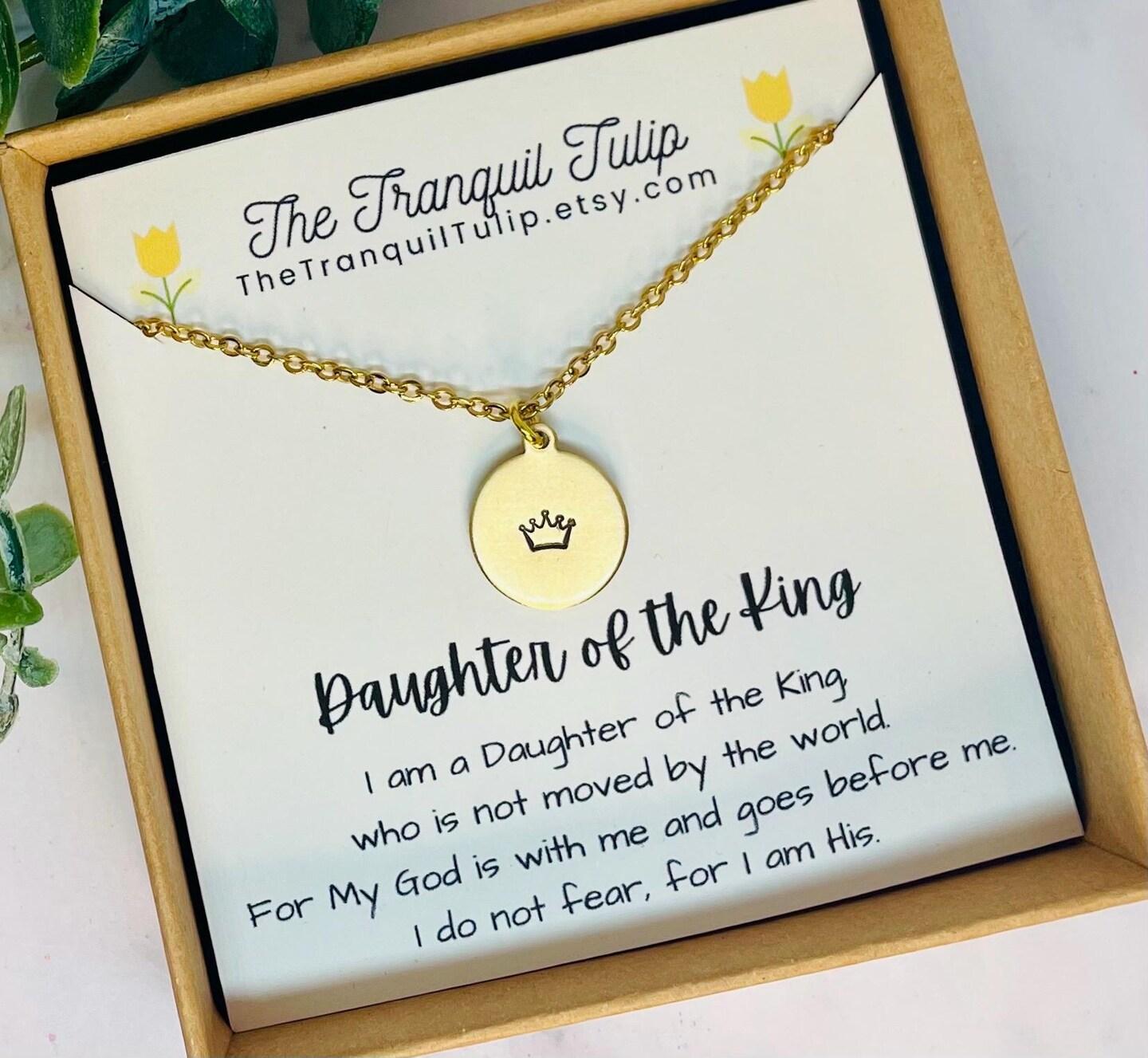 Daughter of the King Necklace w Encouragement Card Faith Jewelry  Christian Crown Necklace Princess Silver|Gold|Rose Gold Pendant