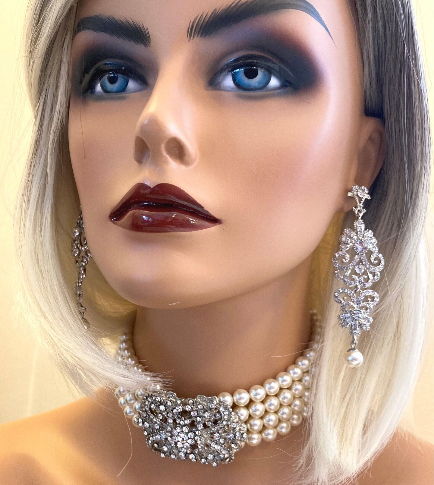 Pearl Choker 4 strands of layered pearls silver Art Deco rhinestone brooch cream ivory pearls perfect wedding pearl necklace gift for her - image8
